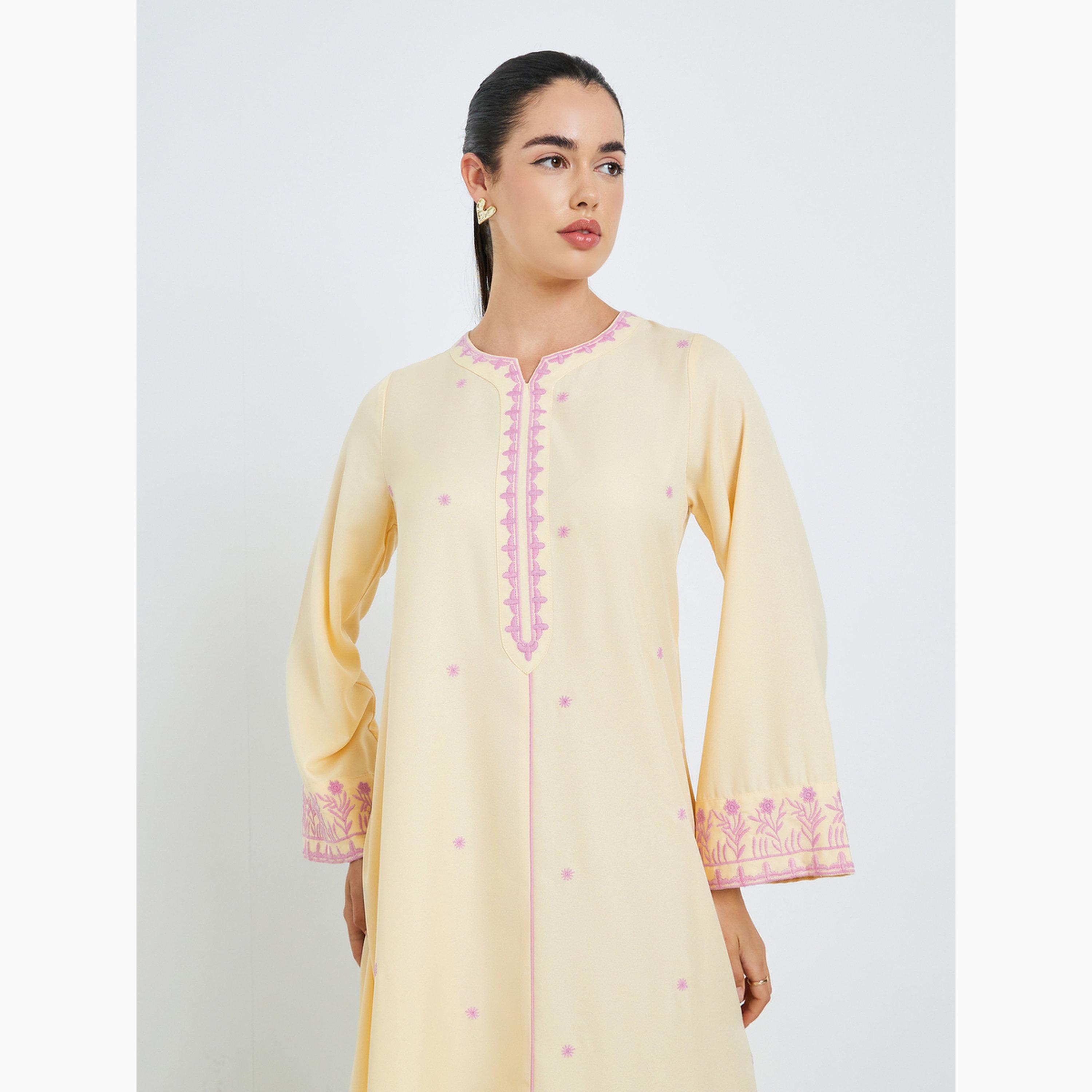 Styli Women Yellow Embroidered A-Line Jalabiya-women-arabicclothing-jalabiyas-image-2