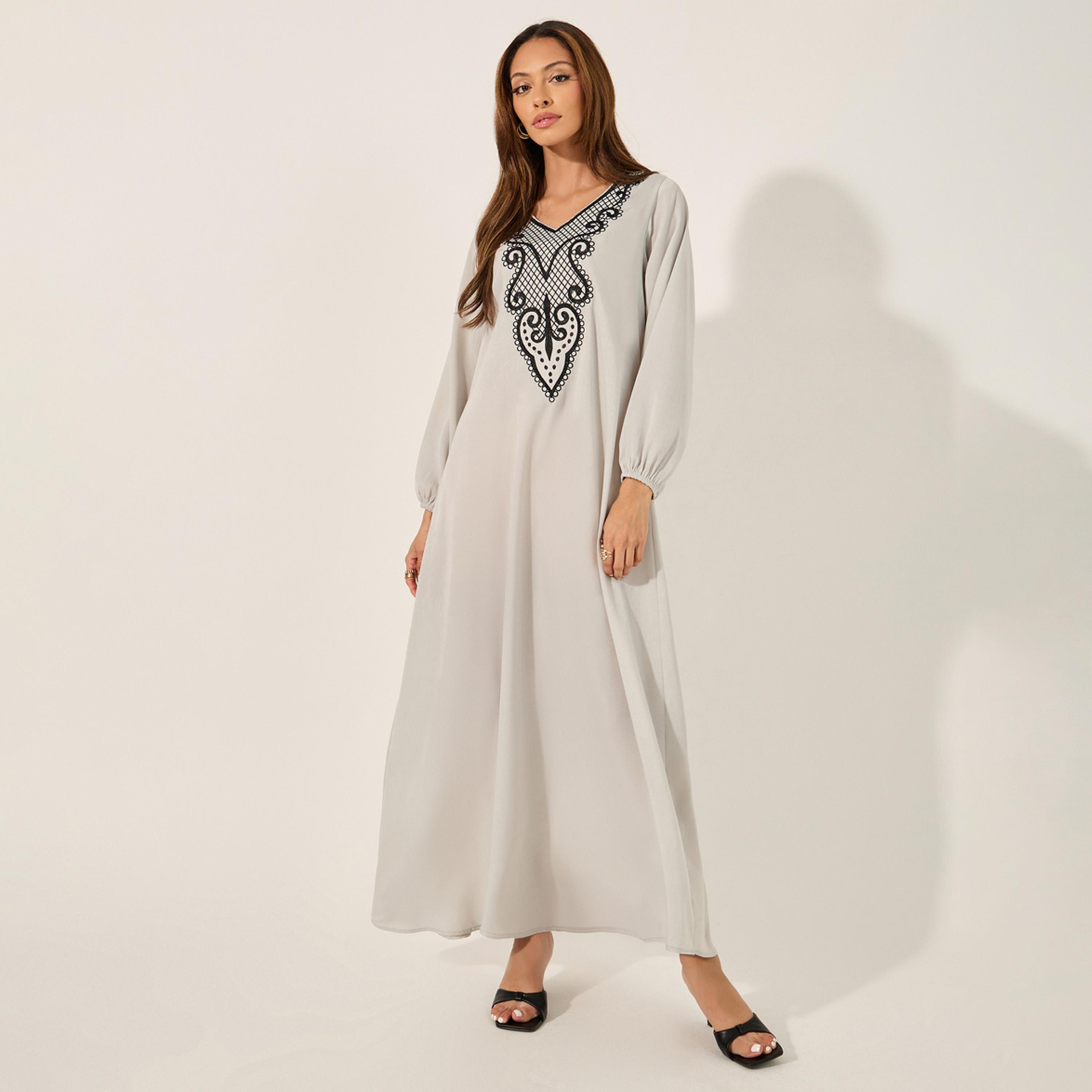 Styli Lace Insert V-Neck A-Line Jalabyia-women-arabicclothing-jalabiyas-image-1
