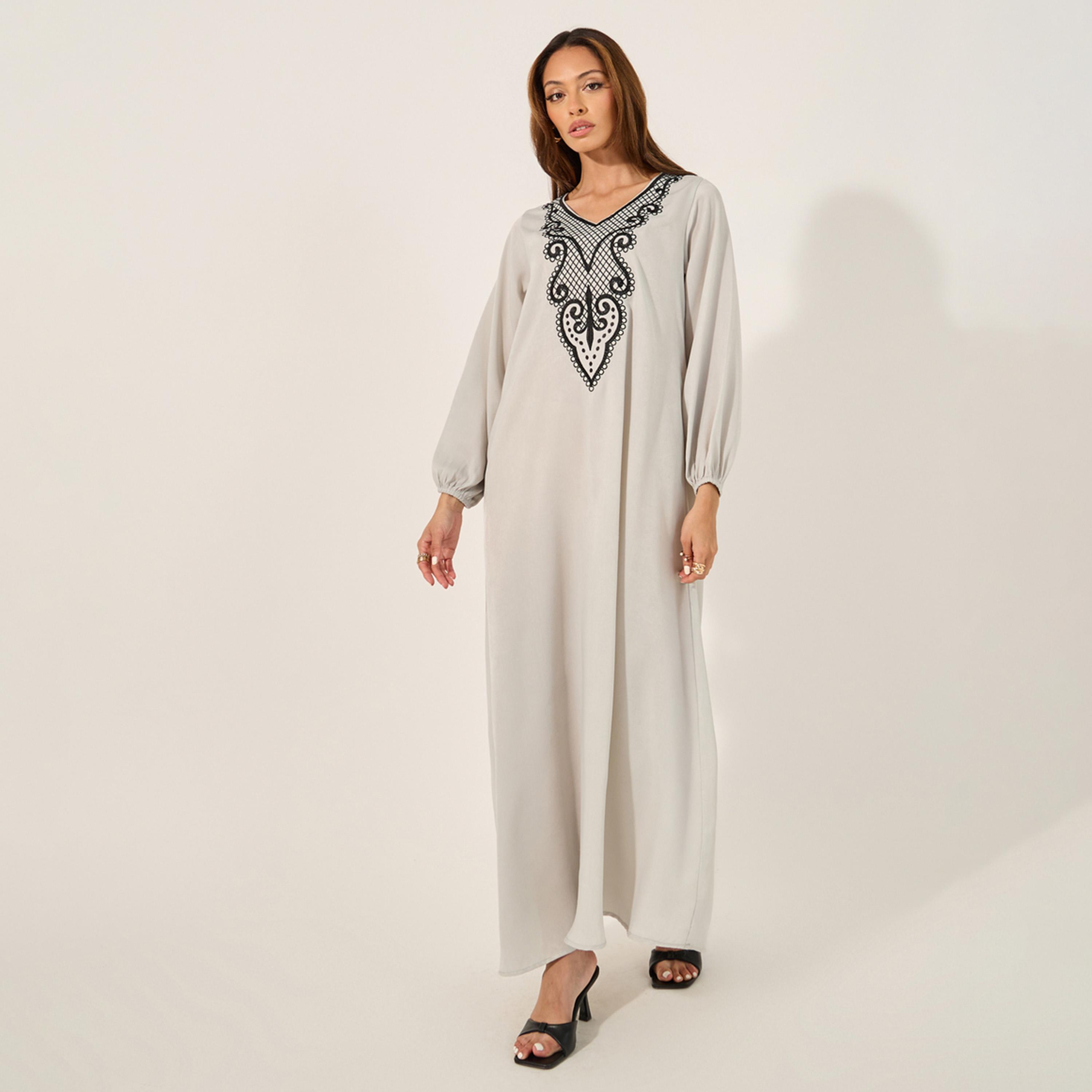 Styli Lace Insert V-Neck A-Line Jalabyia-women-arabicclothing-jalabiyas-image-2