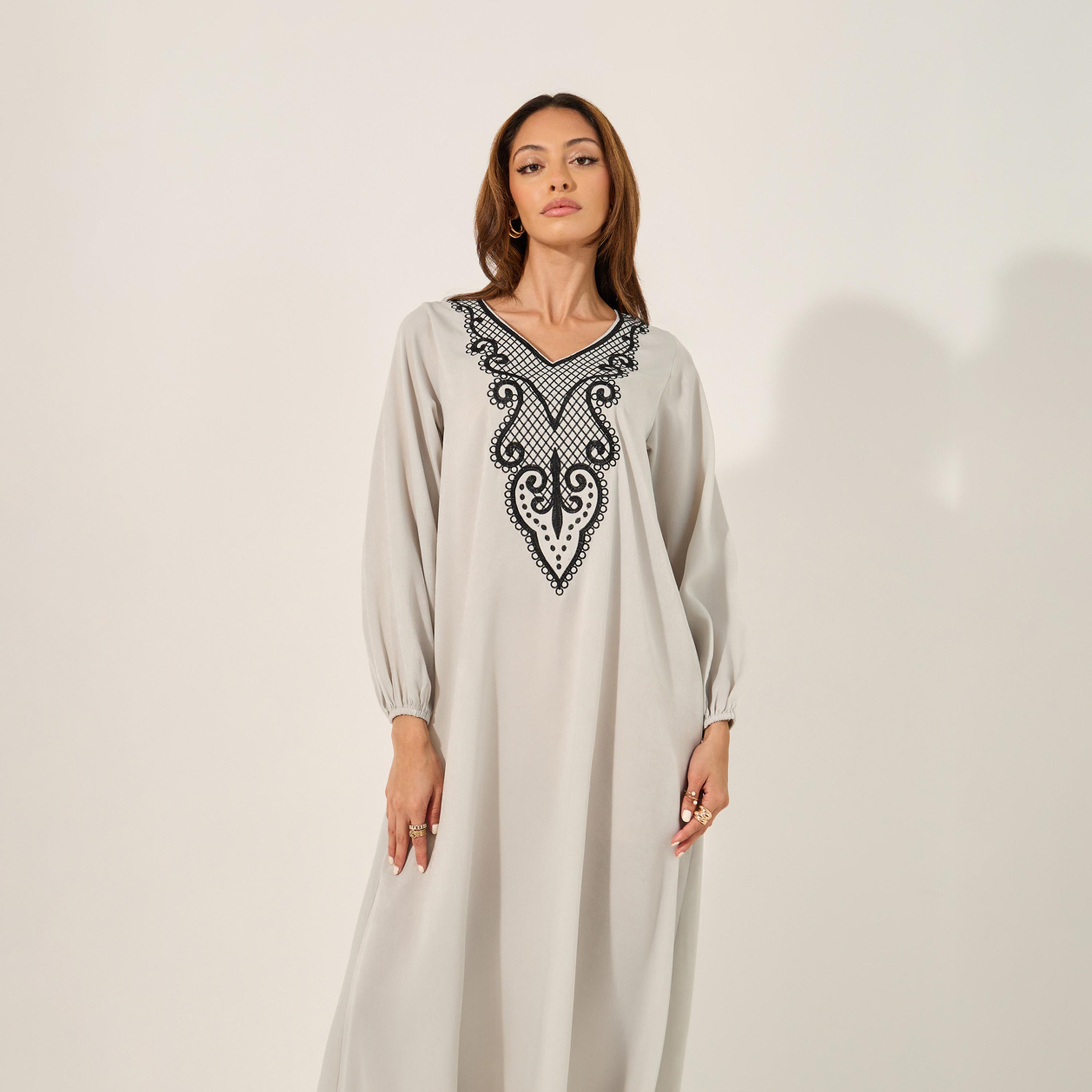 Styli Lace Insert V-Neck A-Line Jalabyia-women-arabicclothing-jalabiyas-image-3