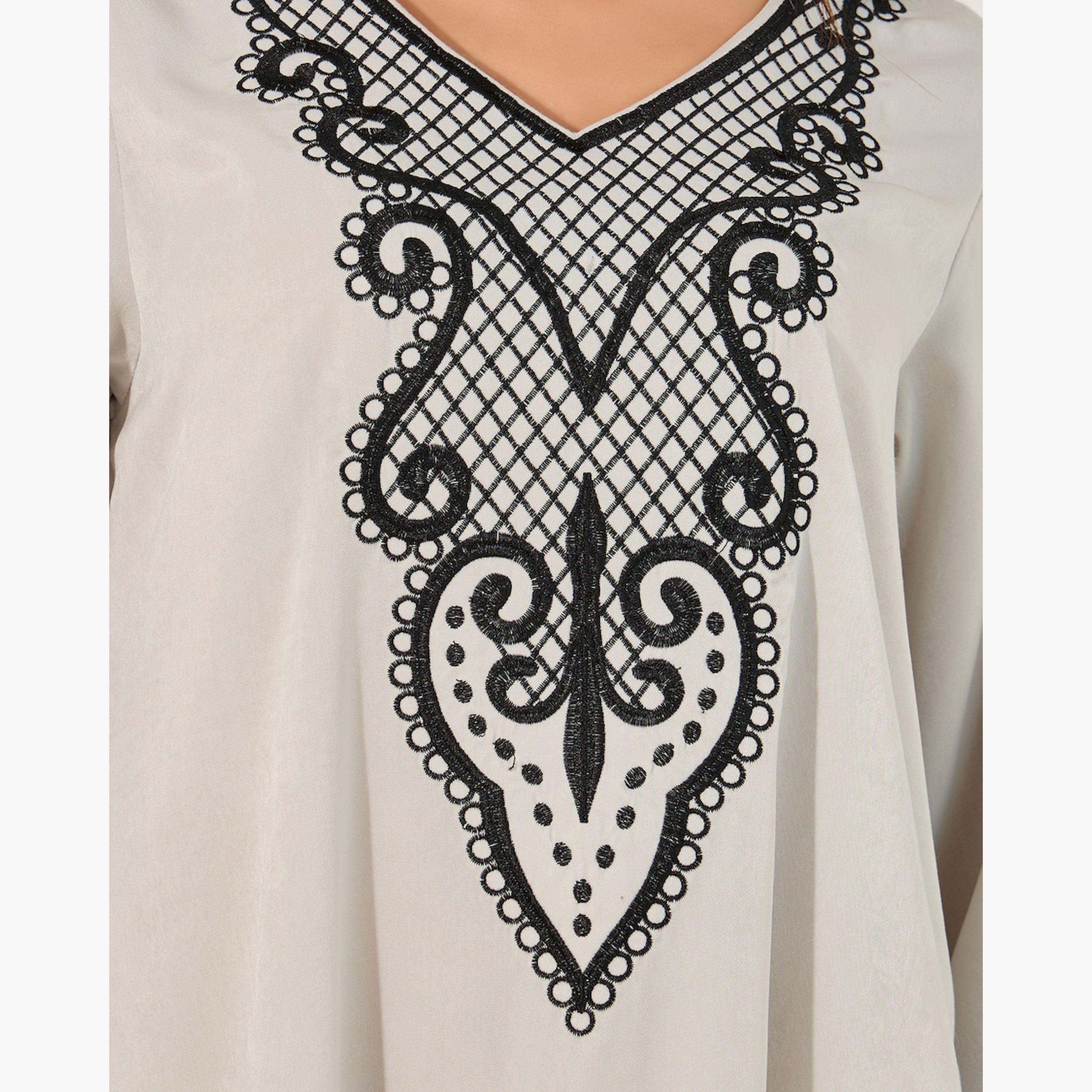 Styli Lace Insert V-Neck A-Line Jalabyia-women-arabicclothing-jalabiyas-image-4
