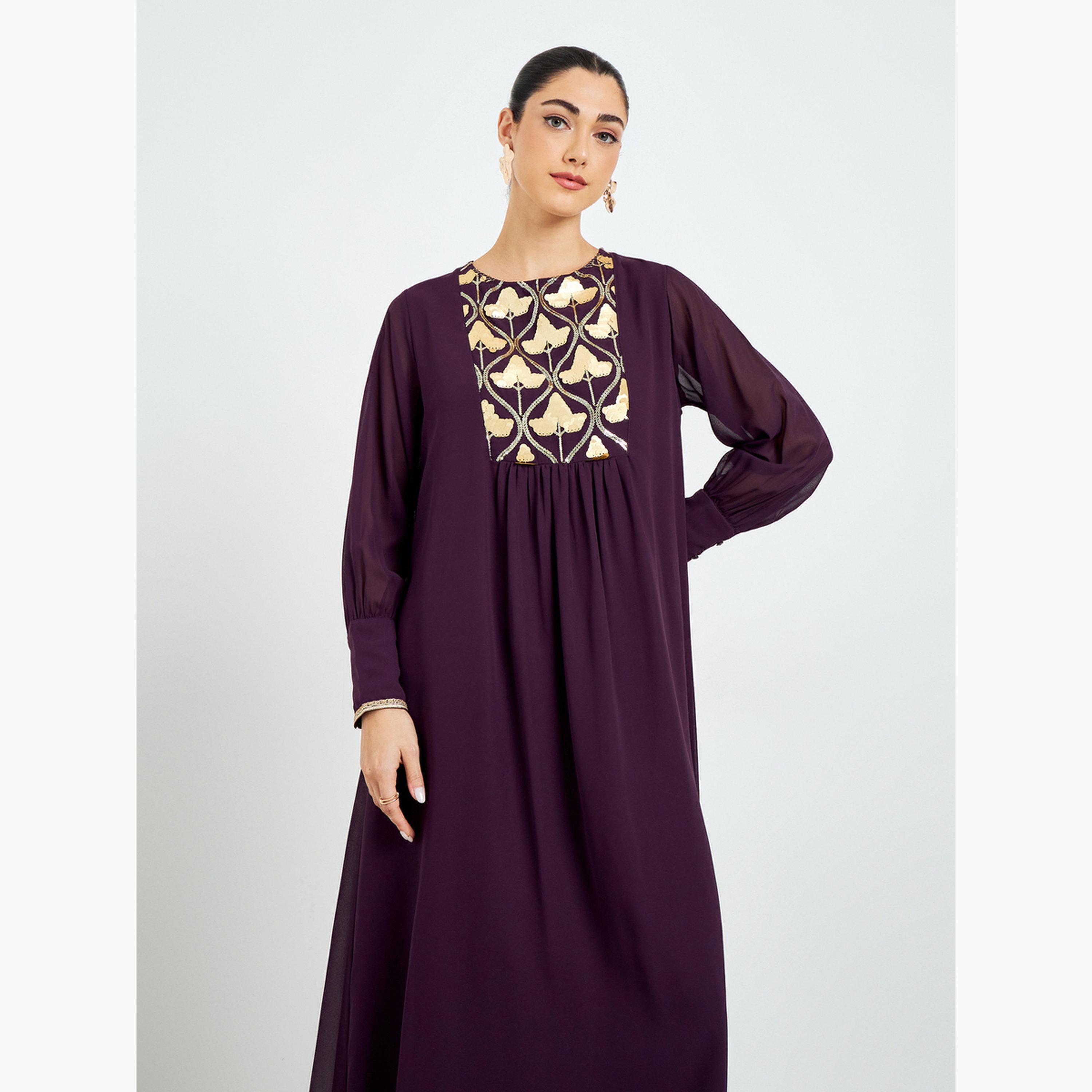 Styli Purple Chiffon Sequin Yoke Jalabiya-women-arabicclothing-jalabiyas-image-2