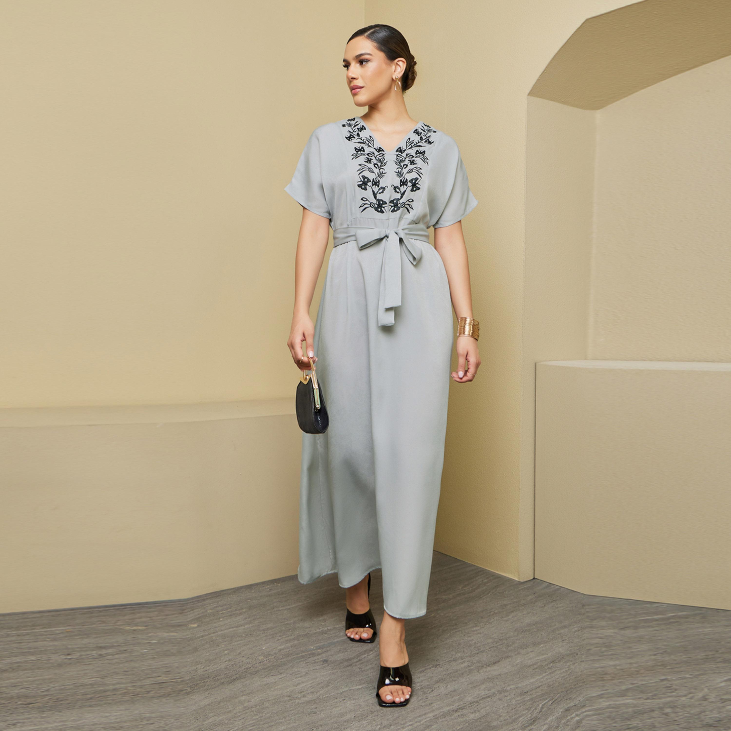 Styli Embroidered Satin Jalabiya with Waist Tie Detail-women-arabicclothing-jalabiyas-image-2