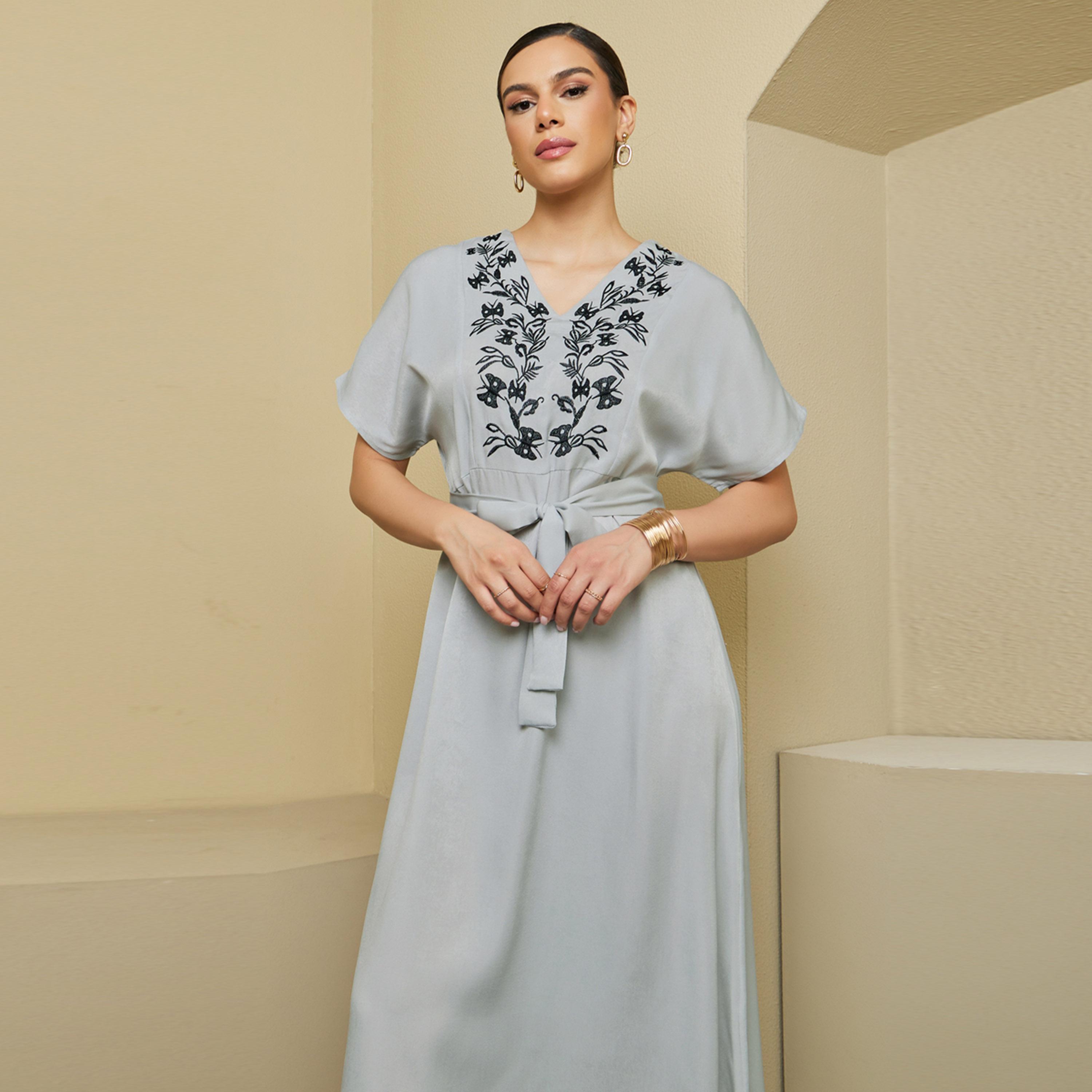 Styli Embroidered Satin Jalabiya with Waist Tie Detail-women-arabicclothing-jalabiyas-image-3