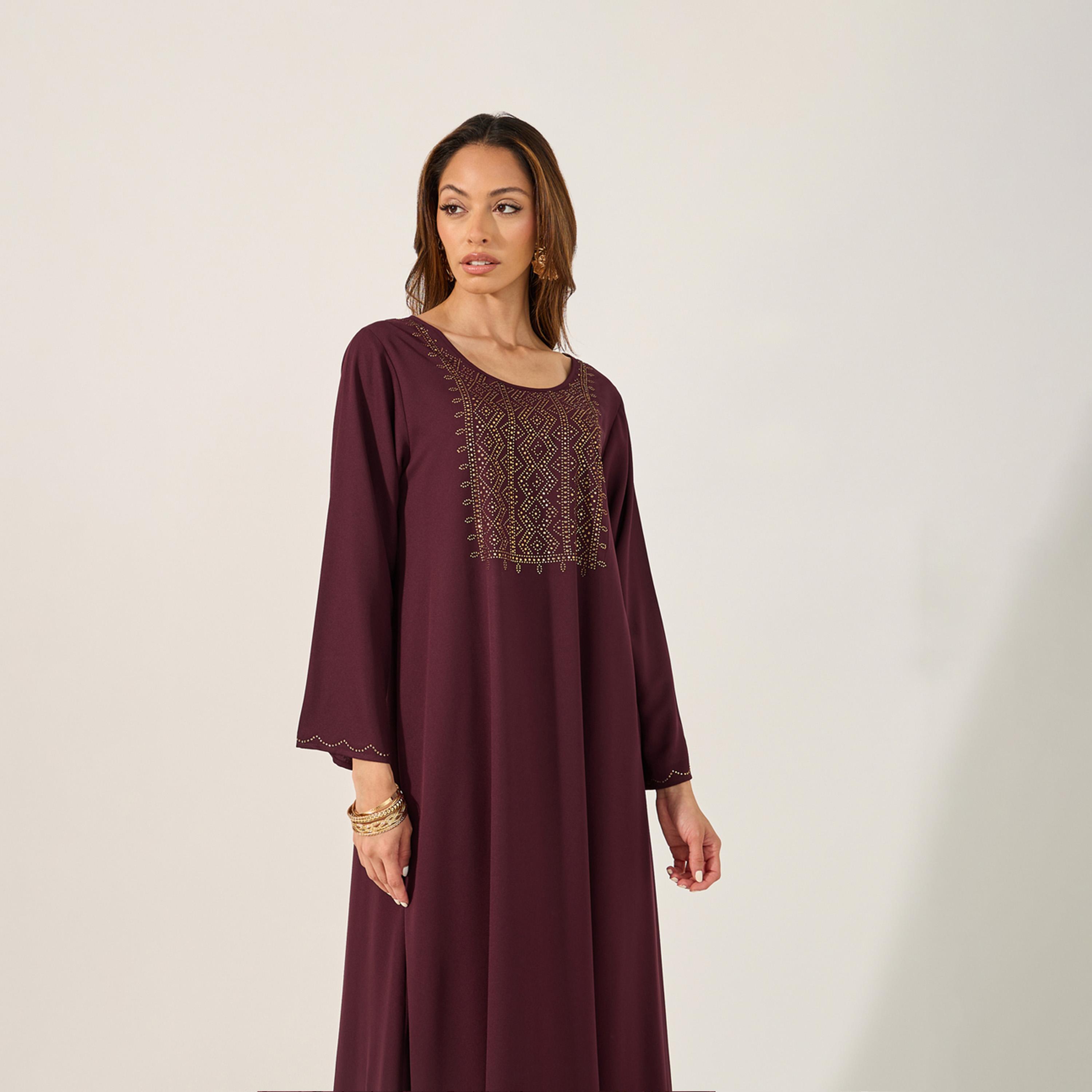 ستايلي - جلابية مزينة بفتحة رقبة دائرية وقصة A-women-arabicclothing-jalabiyas-image-3