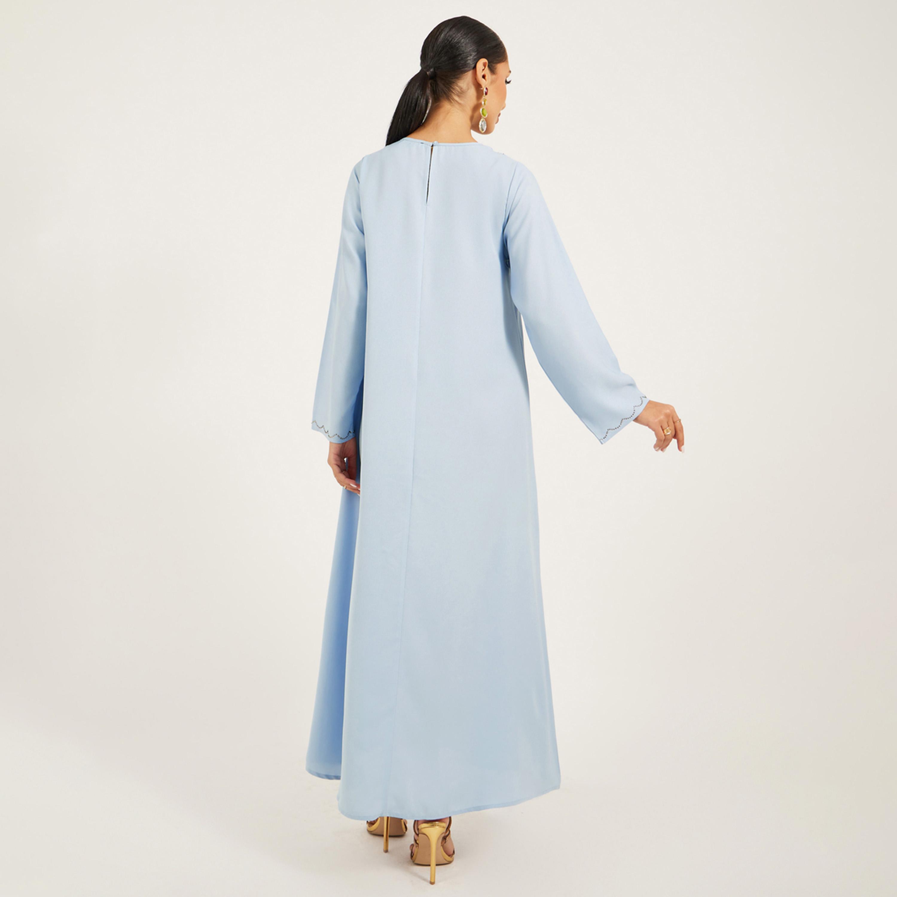 Amirah X Styli Raglan Sleeve Flared Hem Jalabiya With Rhinestone Embroidery At Neck-women-arabicclothing-jalabiyas-image-5