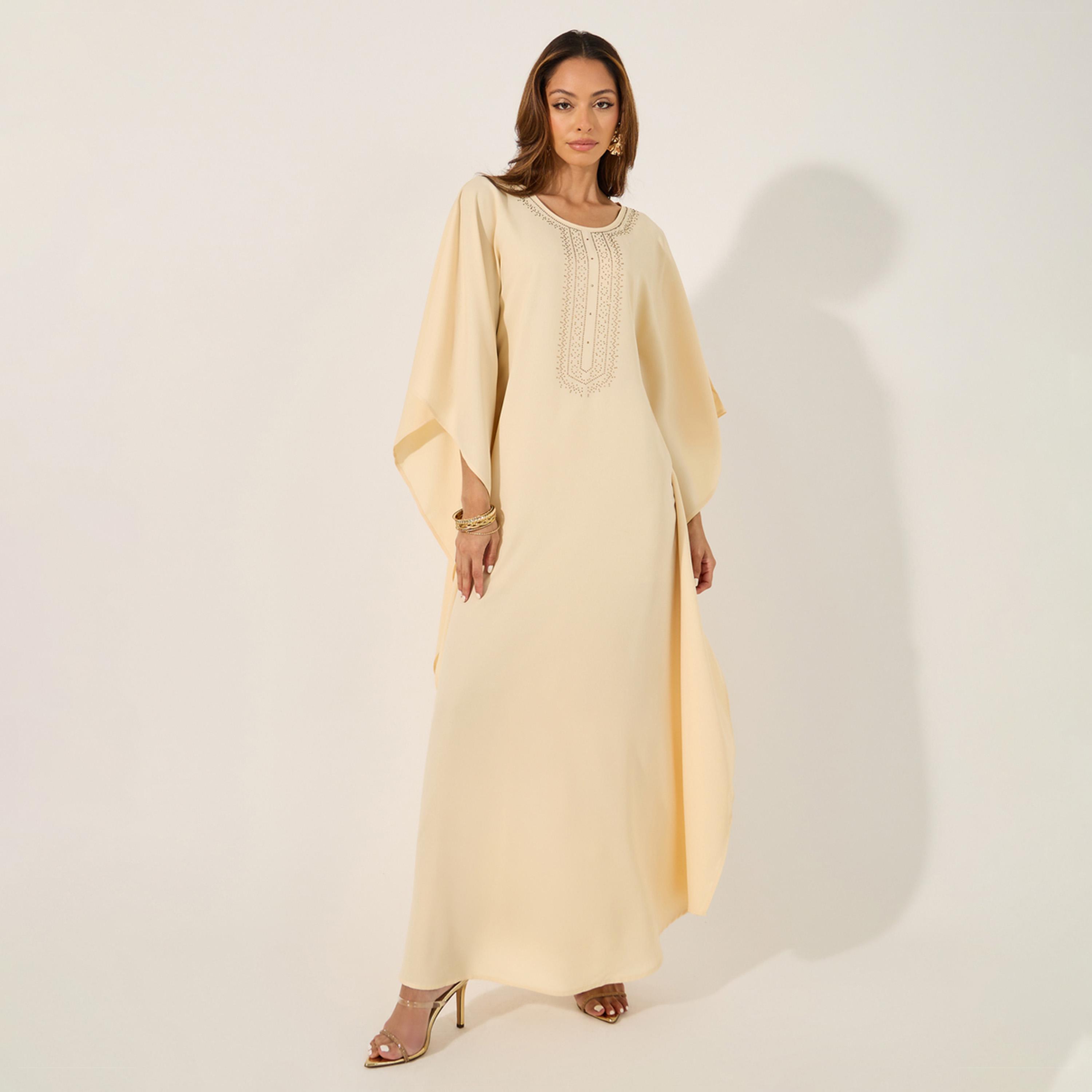 ستايلي - قفطان فضفاض بياقة دائرية ومزين-women-arabicclothing-kaftan-image-1
