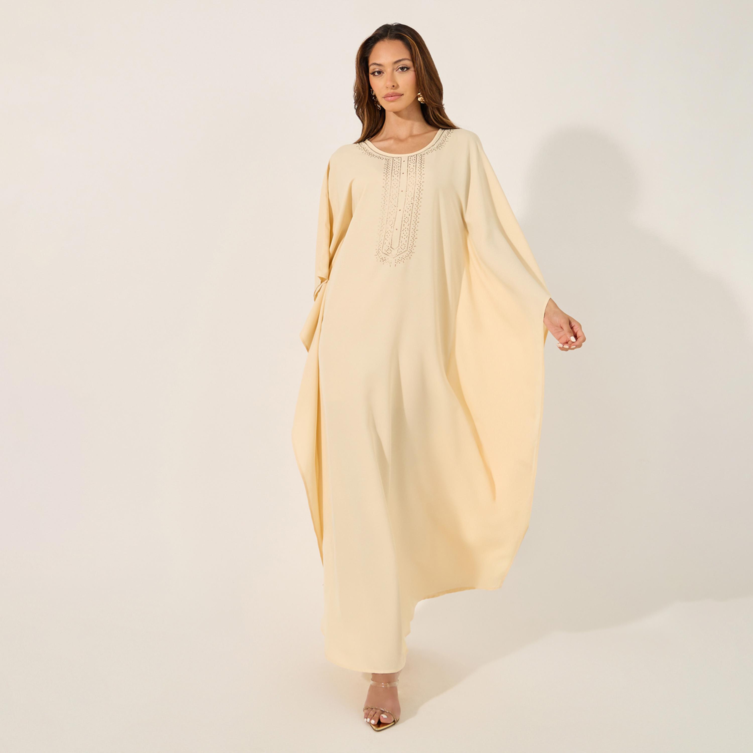 ستايلي - قفطان فضفاض بياقة دائرية ومزين-women-arabicclothing-kaftan-image-2