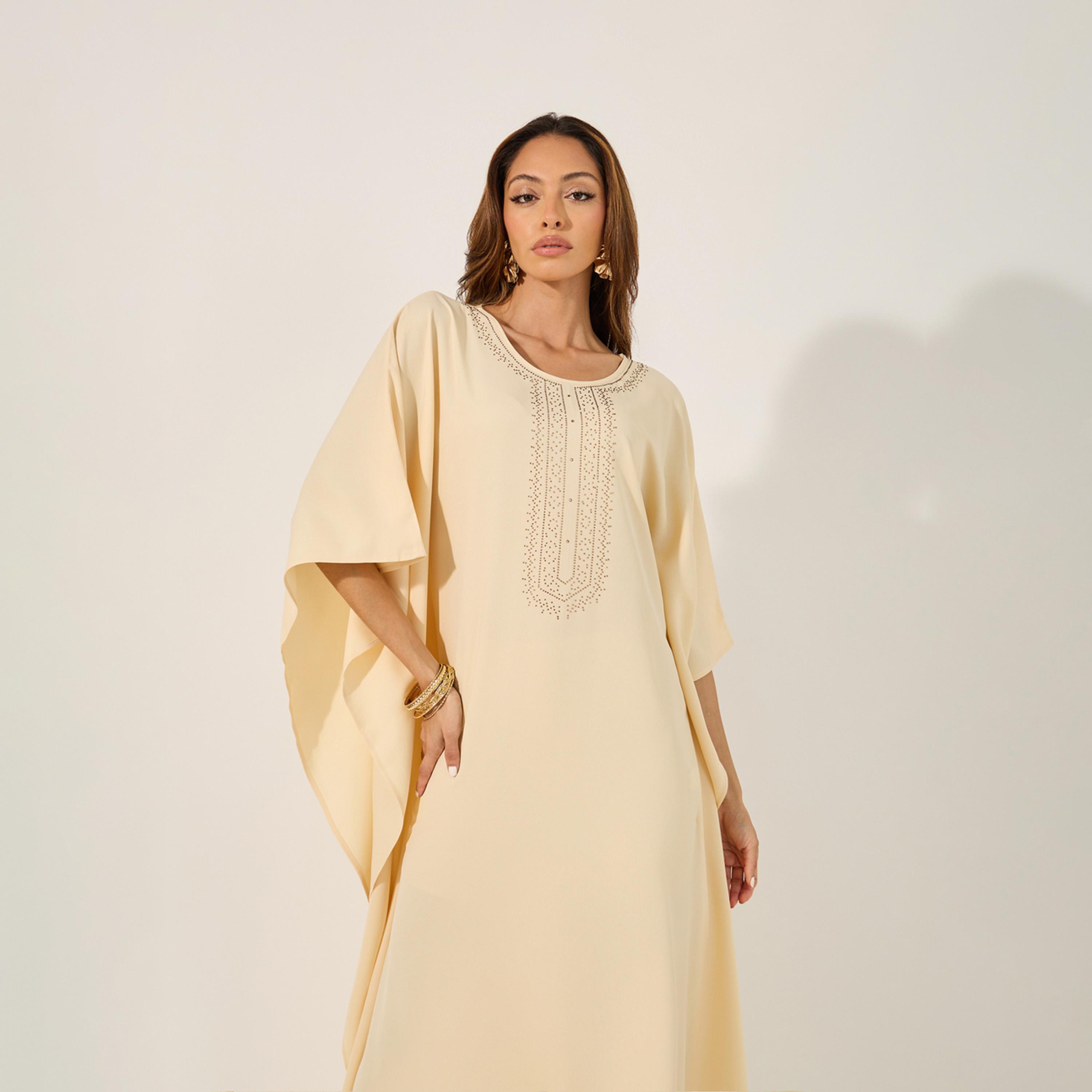 ستايلي - قفطان فضفاض بياقة دائرية ومزين-women-arabicclothing-kaftan-image-3