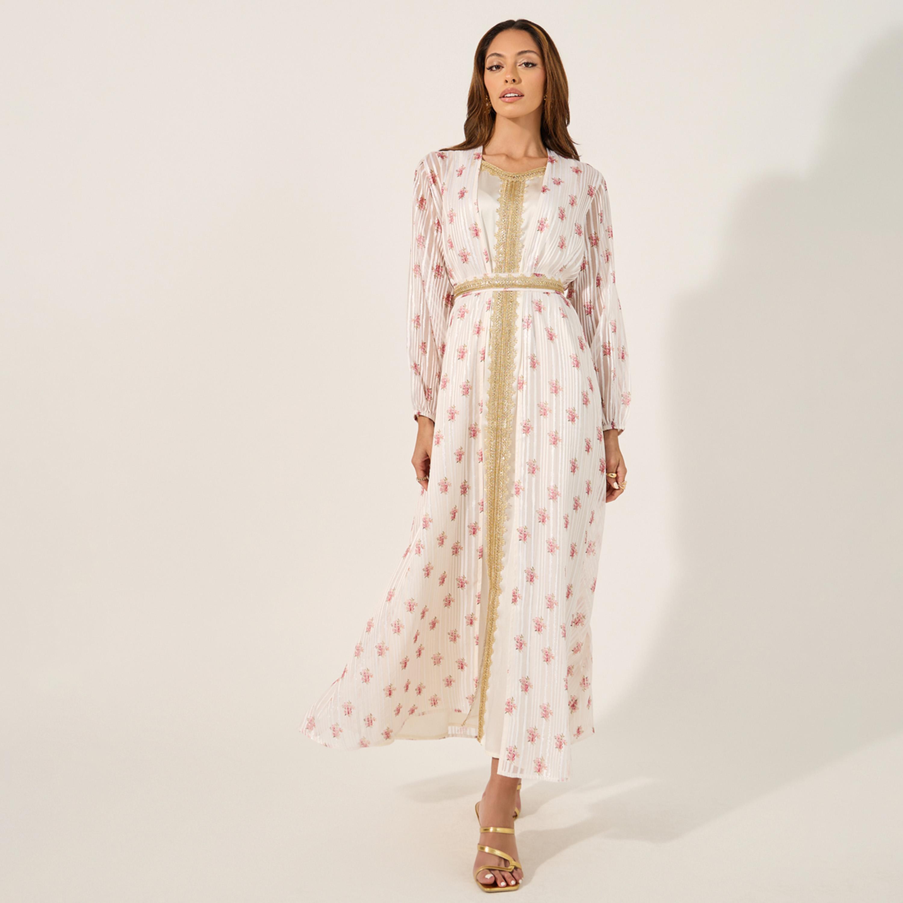 ستايلي - قفطان مورد بحزام وحواف دانتيل مع فستان داخلي من الساتان-women-arabicclothing-kaftan-image-1