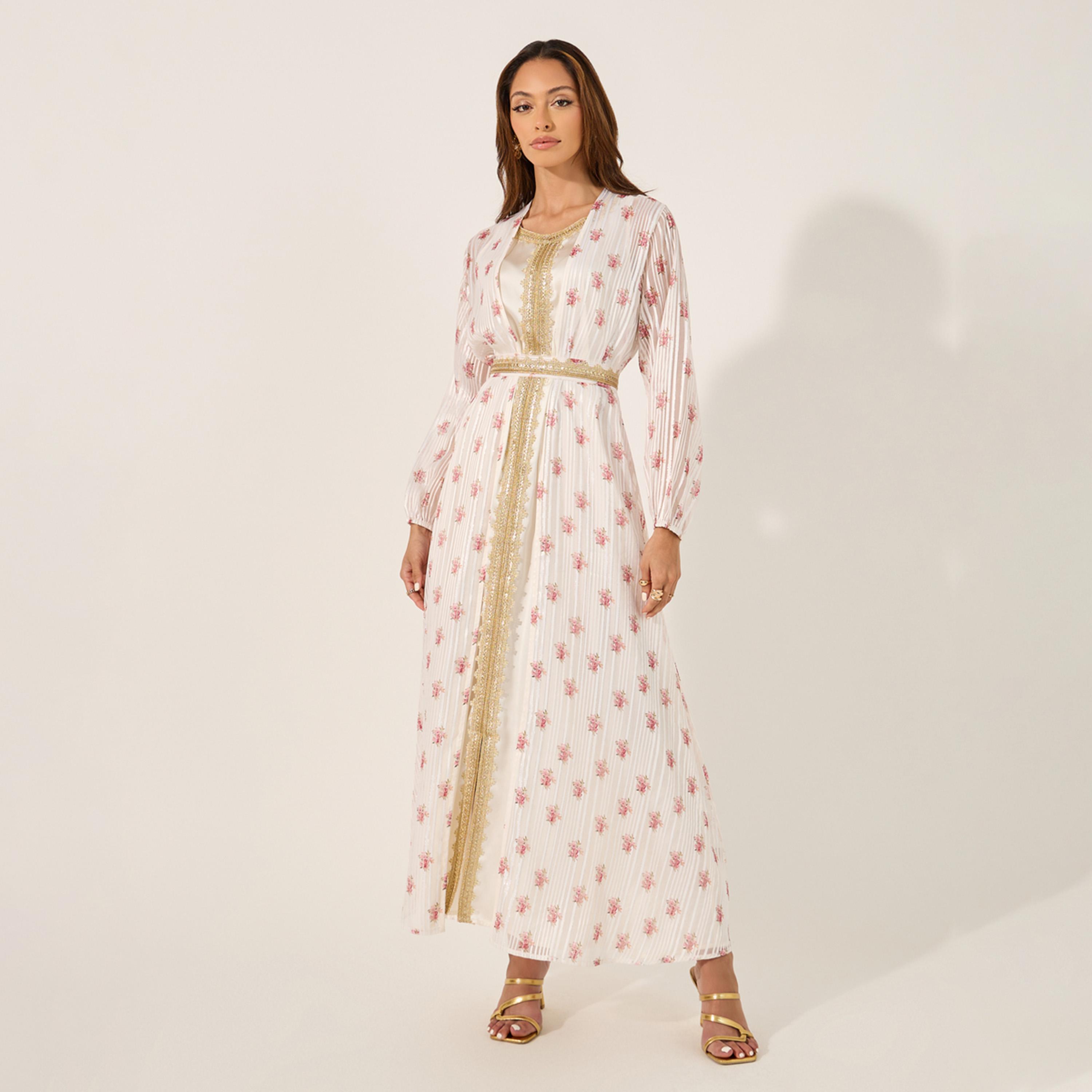 ستايلي - قفطان مورد بحزام وحواف دانتيل مع فستان داخلي من الساتان-women-arabicclothing-kaftan-image-2