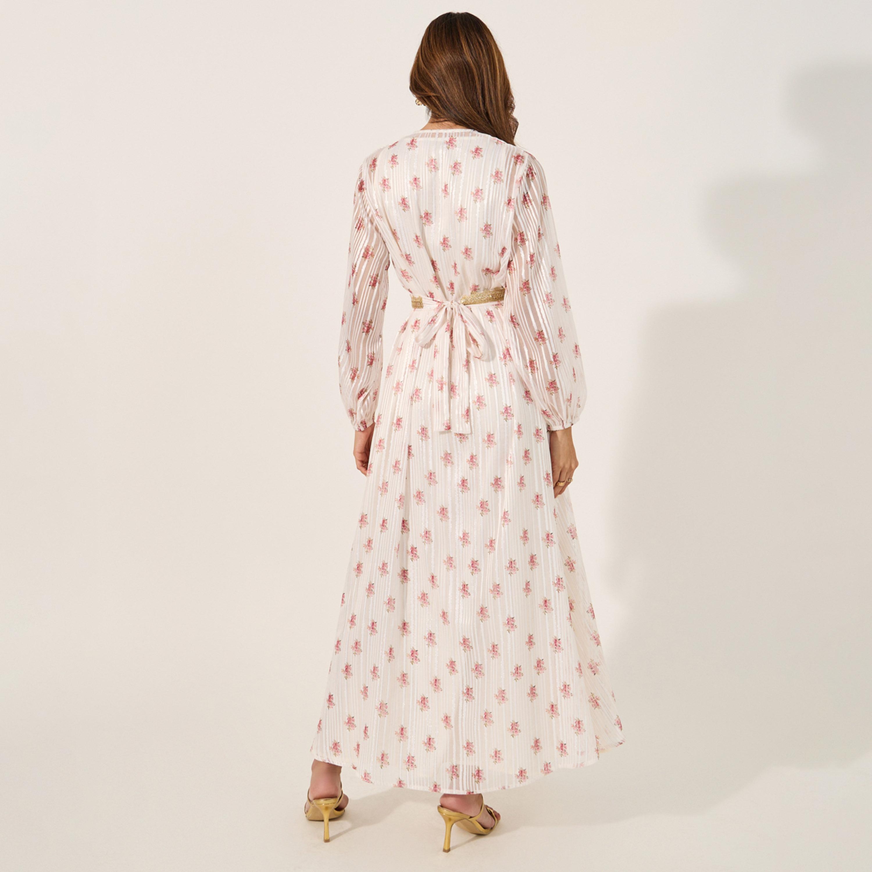 Styli Floral Print Lace Trim Belted Kaftan with Inner Satin Dress-women-arabicclothing-kaftan-image-5