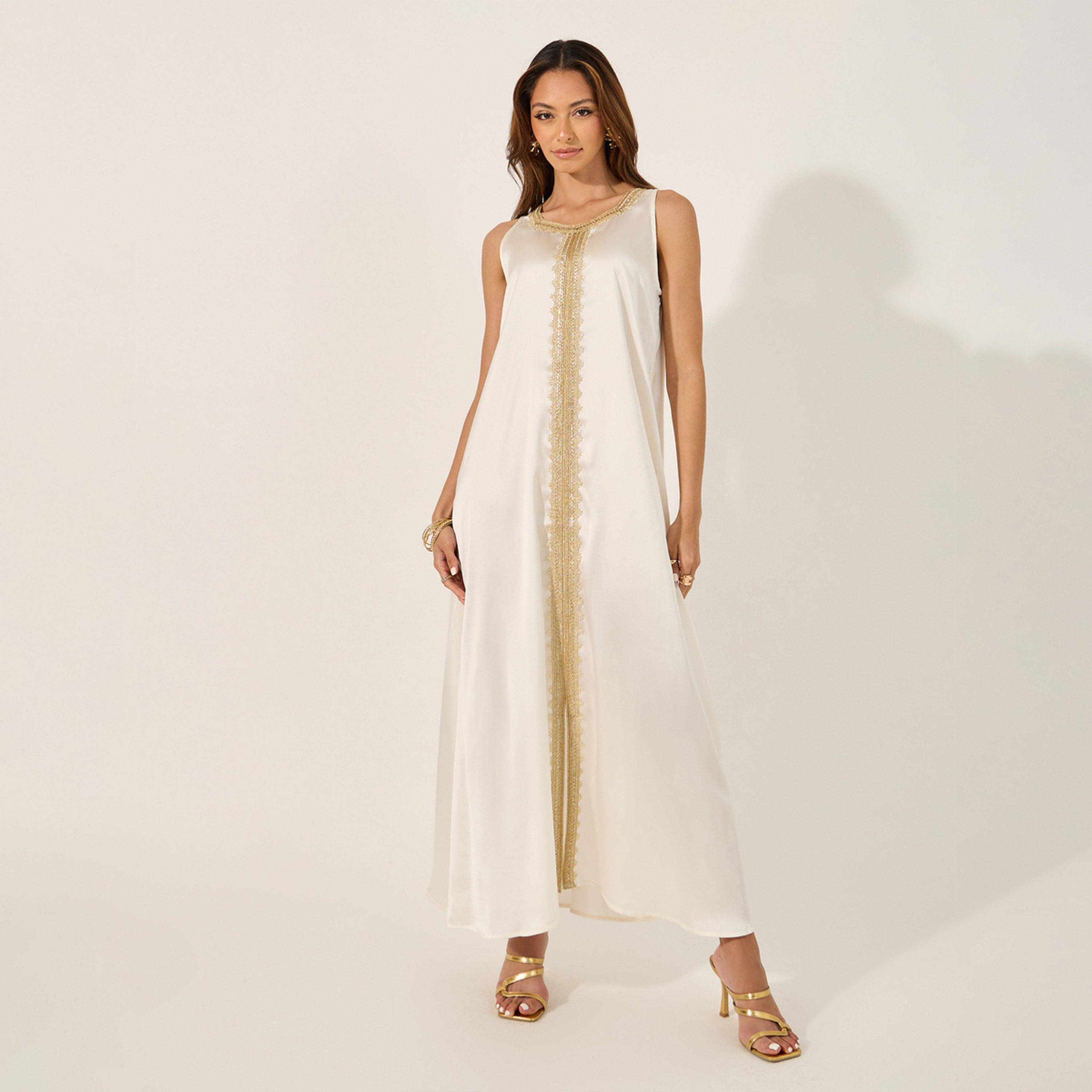 ستايلي - قفطان مورد بحزام وحواف دانتيل مع فستان داخلي من الساتان-women-arabicclothing-kaftan-image-6