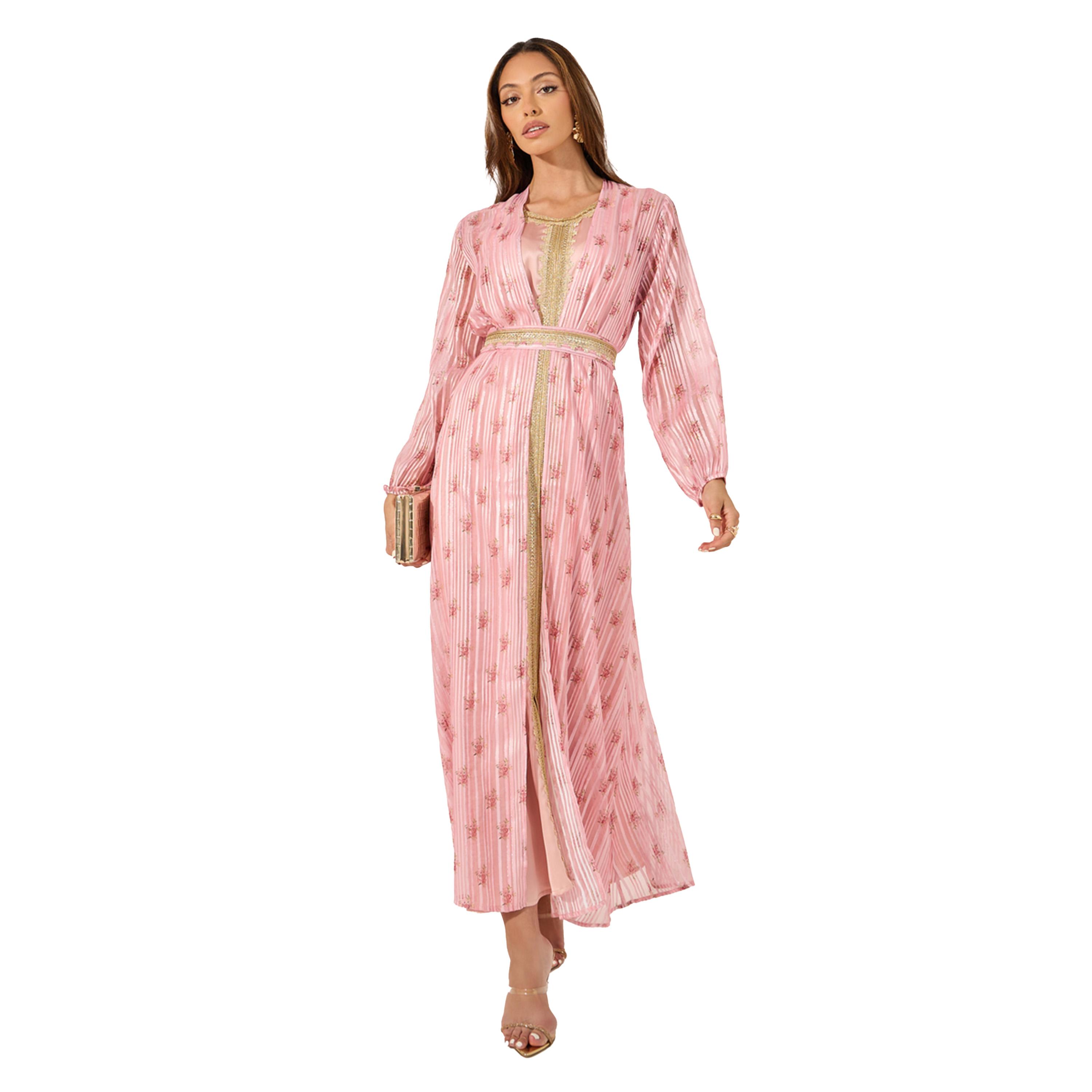 Styli Floral Print Lace Trim Belted Kaftan with Inner Satin Dress-women-arabicclothing-kaftan-image-2