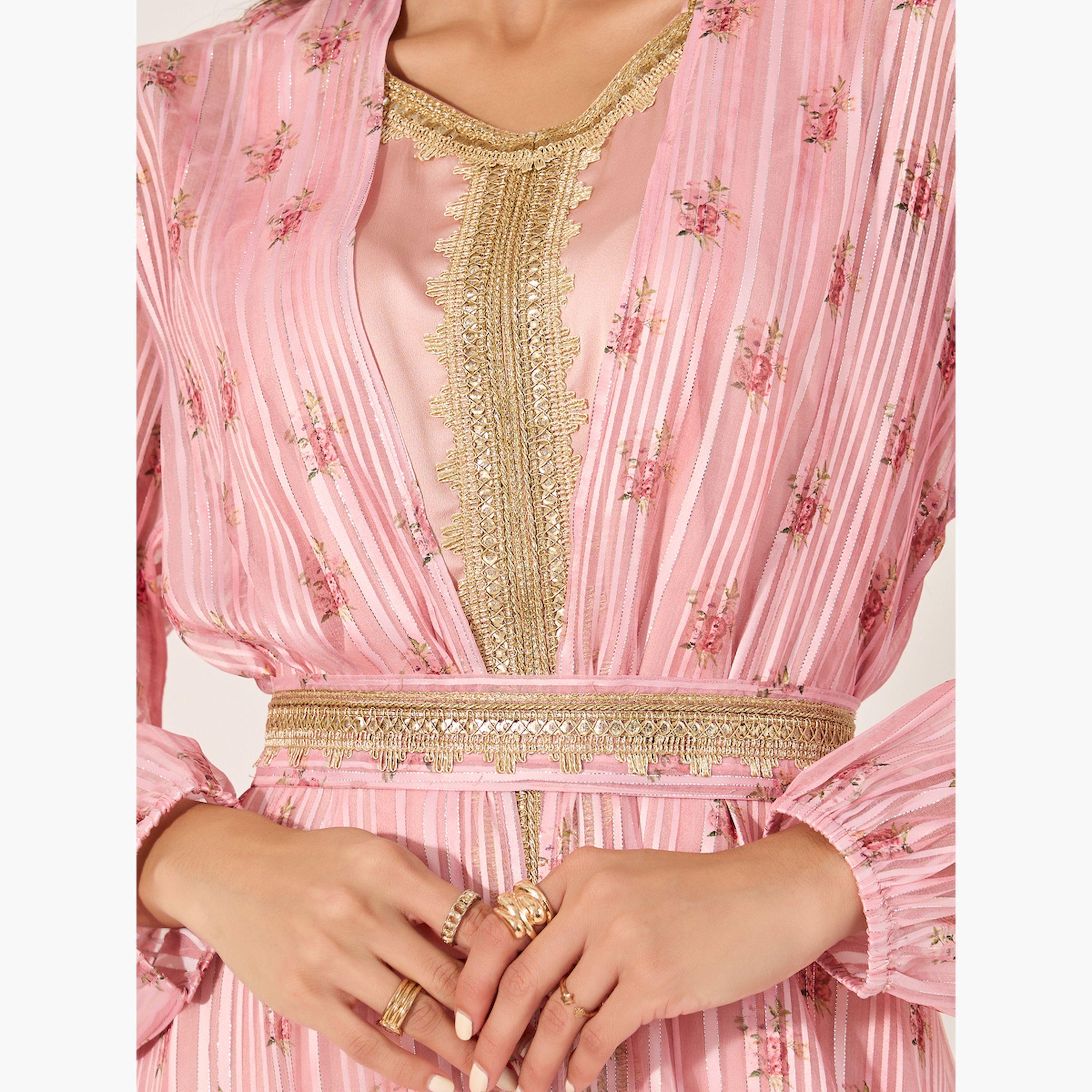 Styli Floral Print Lace Trim Belted Kaftan with Inner Satin Dress-women-arabicclothing-kaftan-image-4