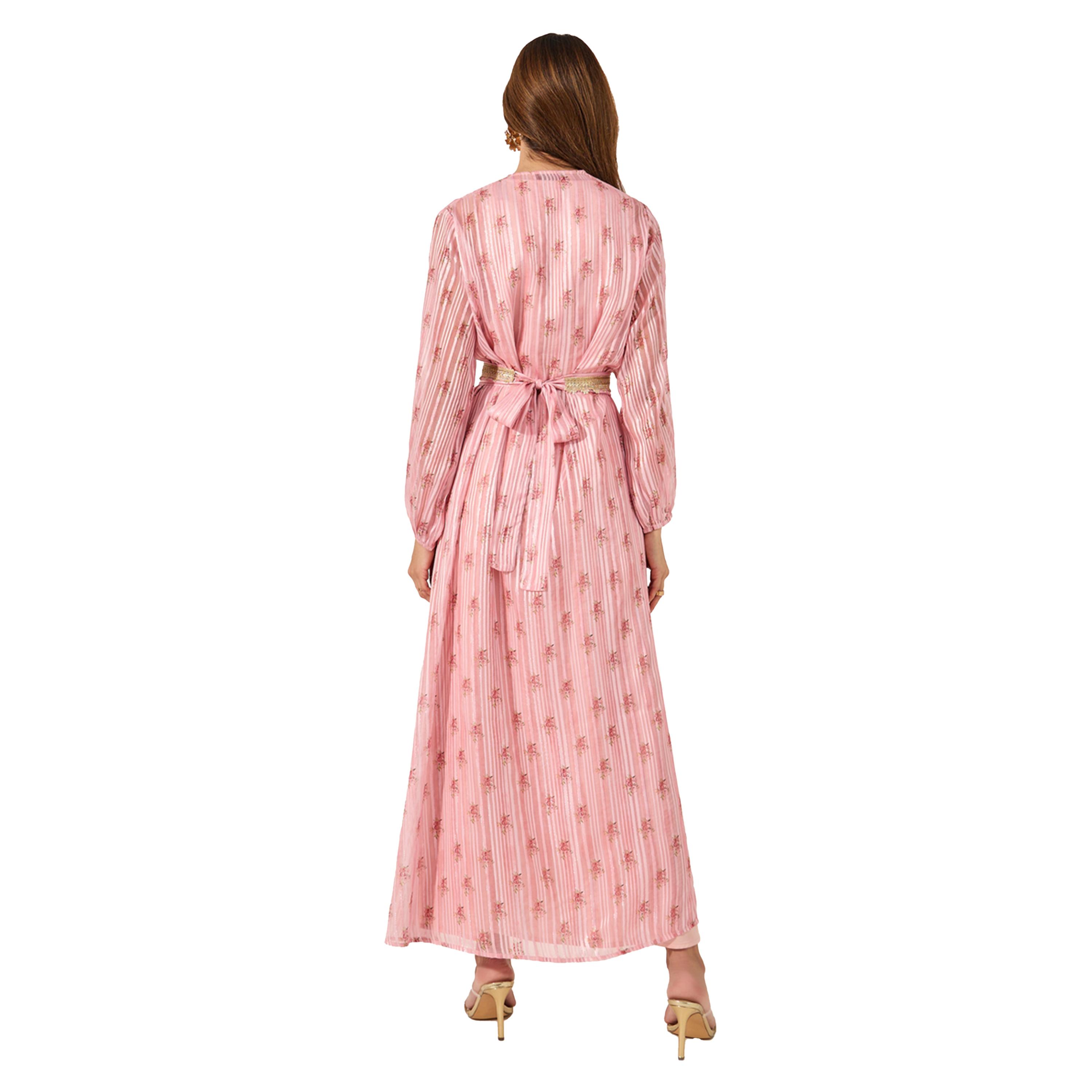 ستايلي - قفطان مورد بحزام وحواف دانتيل مع فستان داخلي من الساتان-women-arabicclothing-kaftan-image-5