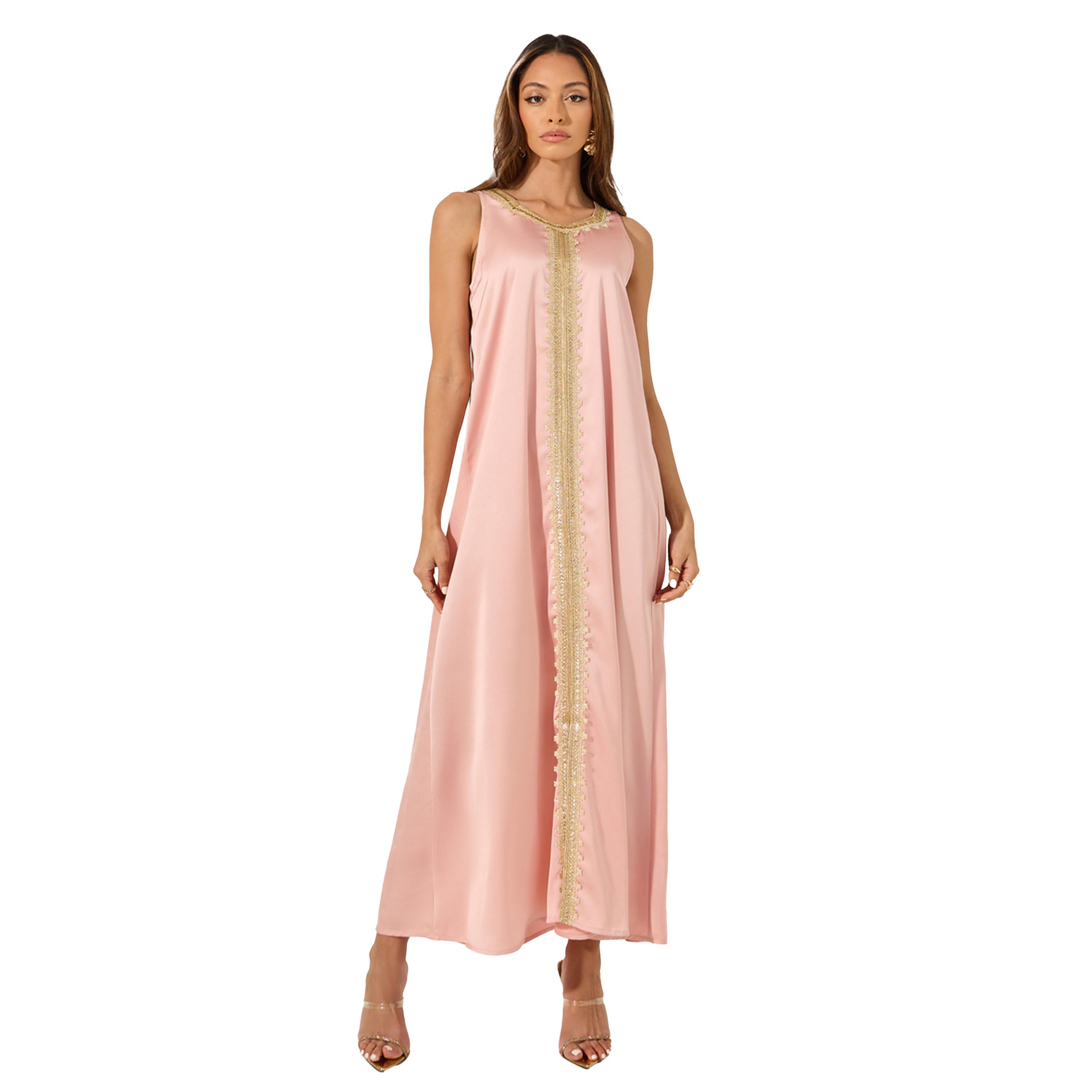 ستايلي - قفطان مورد بحزام وحواف دانتيل مع فستان داخلي من الساتان-women-arabicclothing-kaftan-image-6