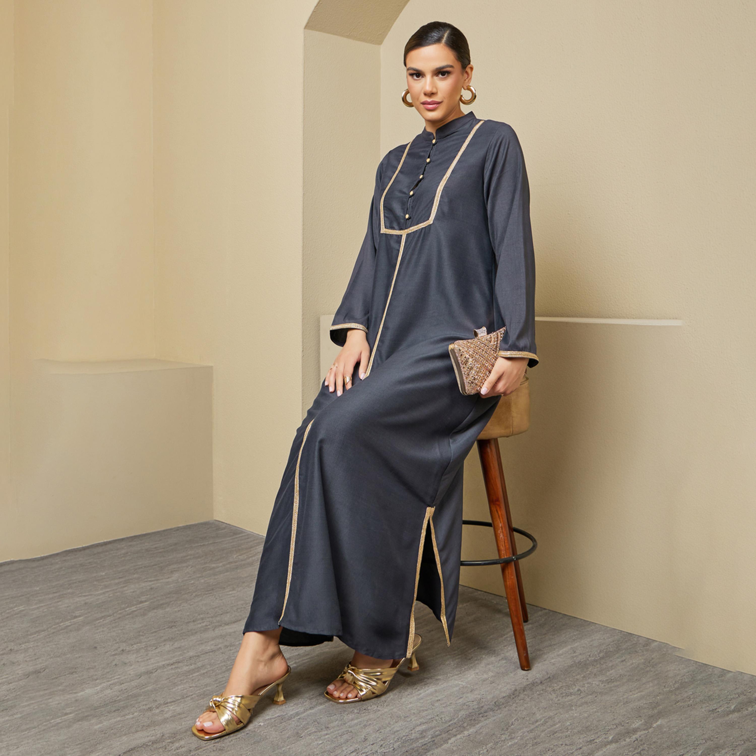 Styli Lace Detail Buttoned Mandarin Collar A-Line Jalabiya-women-arabicclothing-jalabiyas-image-1