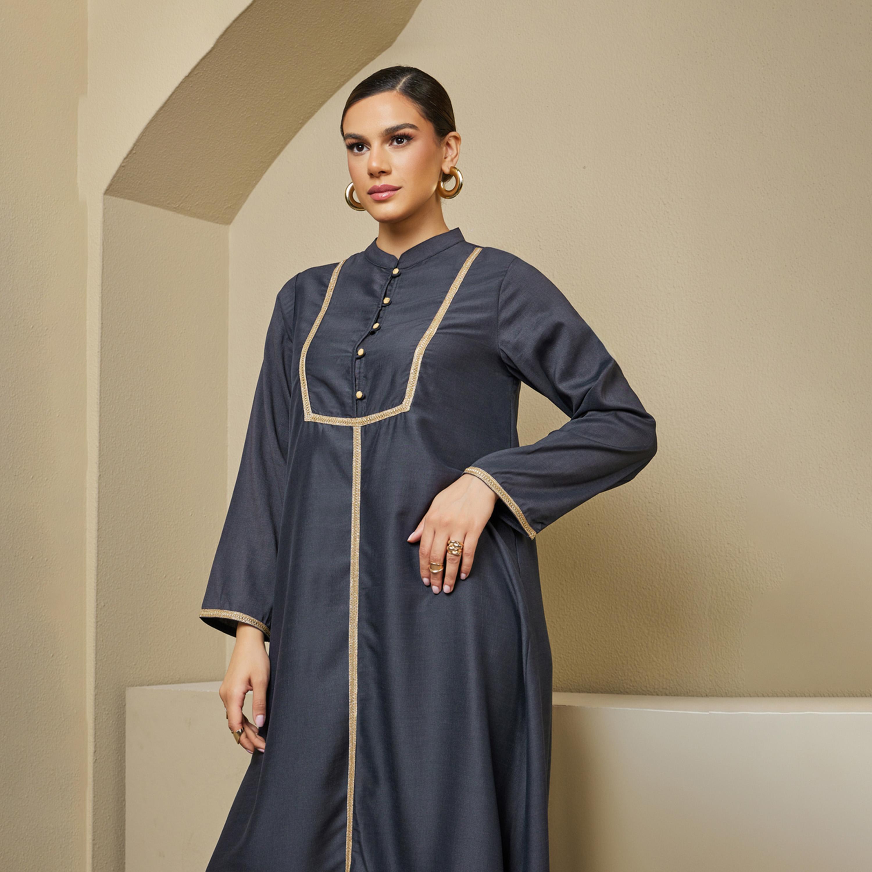 Styli Lace Detail Buttoned Mandarin Collar A-Line Jalabiya-women-arabicclothing-jalabiyas-image-3