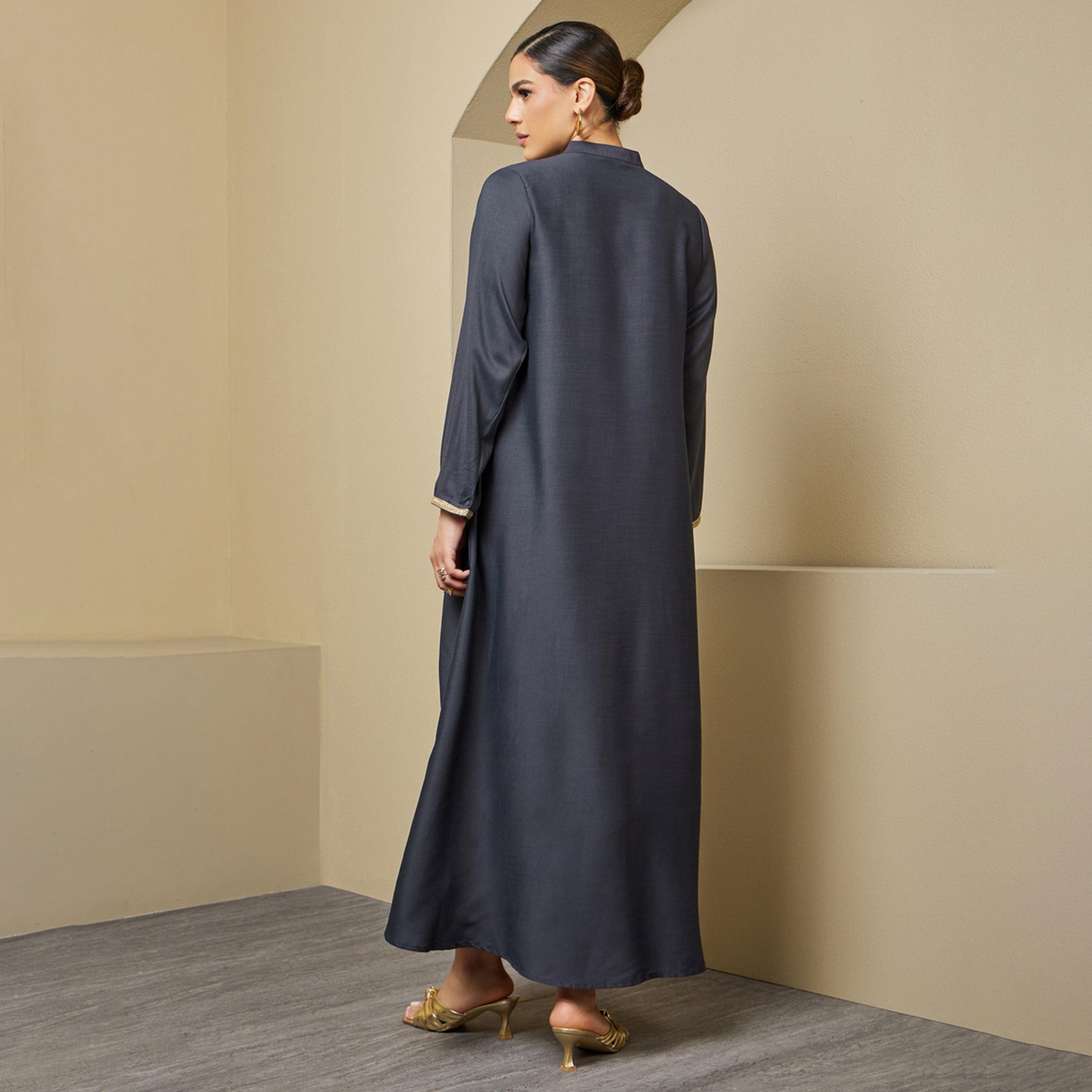 Styli Lace Detail Buttoned Mandarin Collar A-Line Jalabiya-women-arabicclothing-jalabiyas-image-6