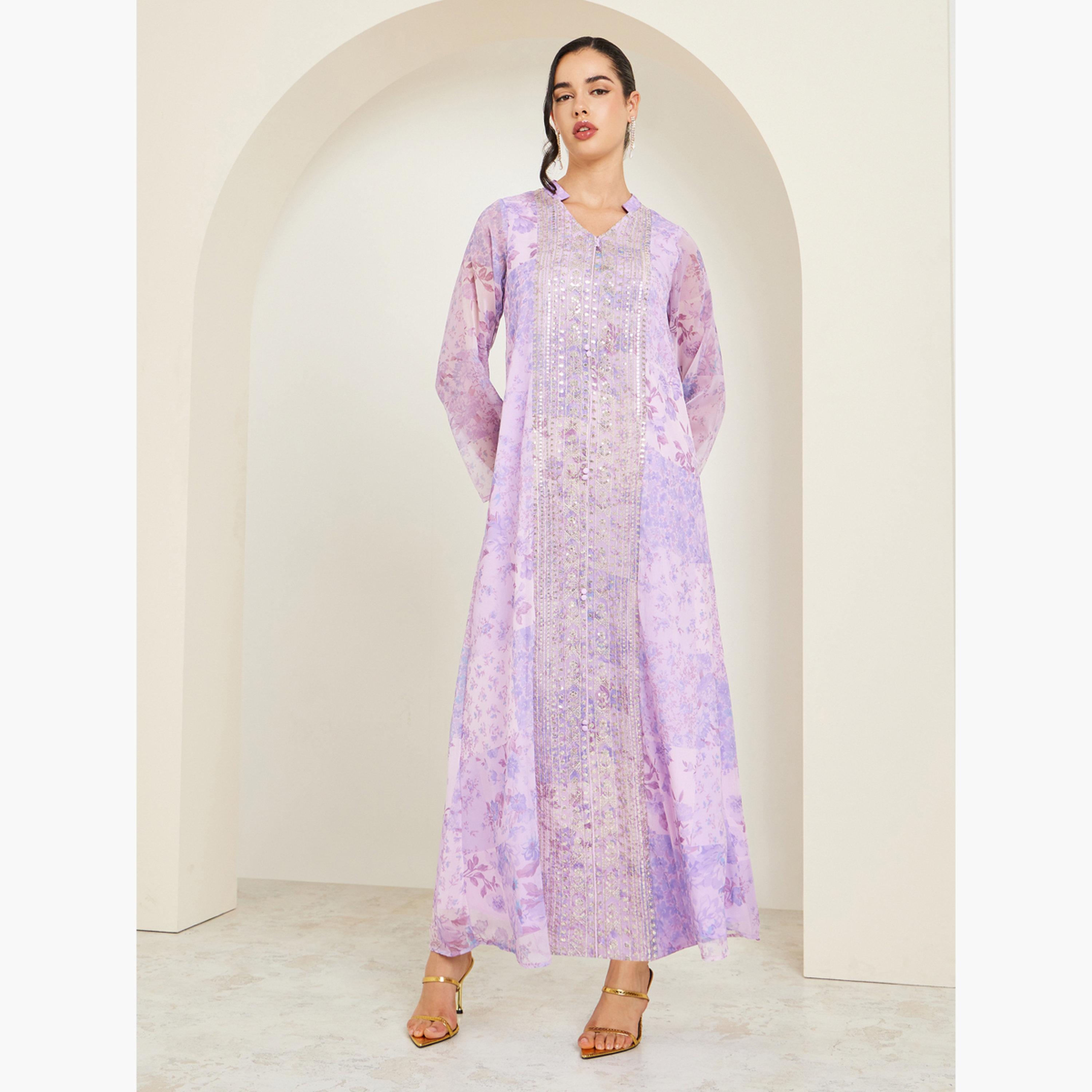 Styli Women Lilac Floral Print Embellished Jalabiya-women-arabicclothing-jalabiyas-image-1