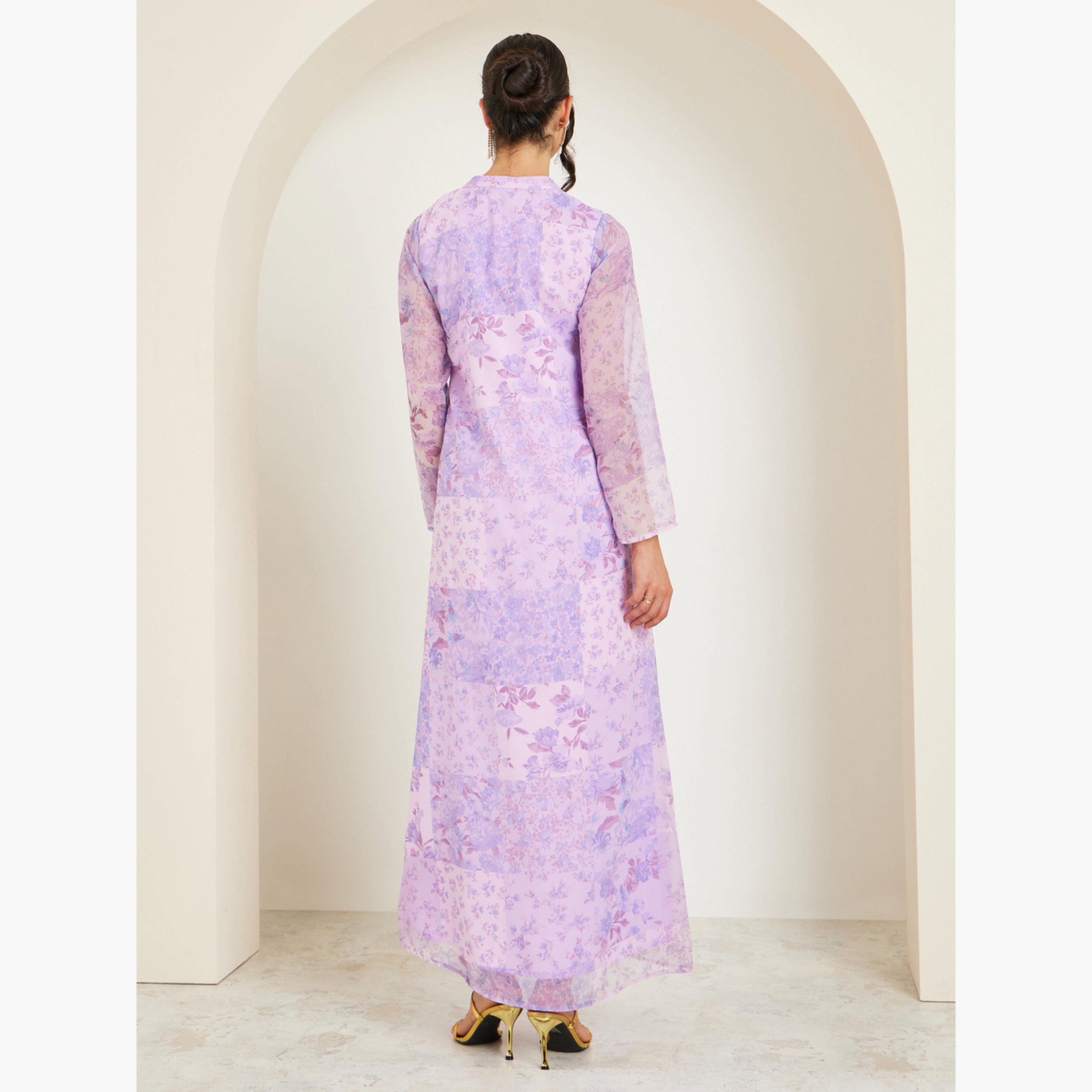 Styli Women Lilac Floral Print Embellished Jalabiya-women-arabicclothing-jalabiyas-image-5