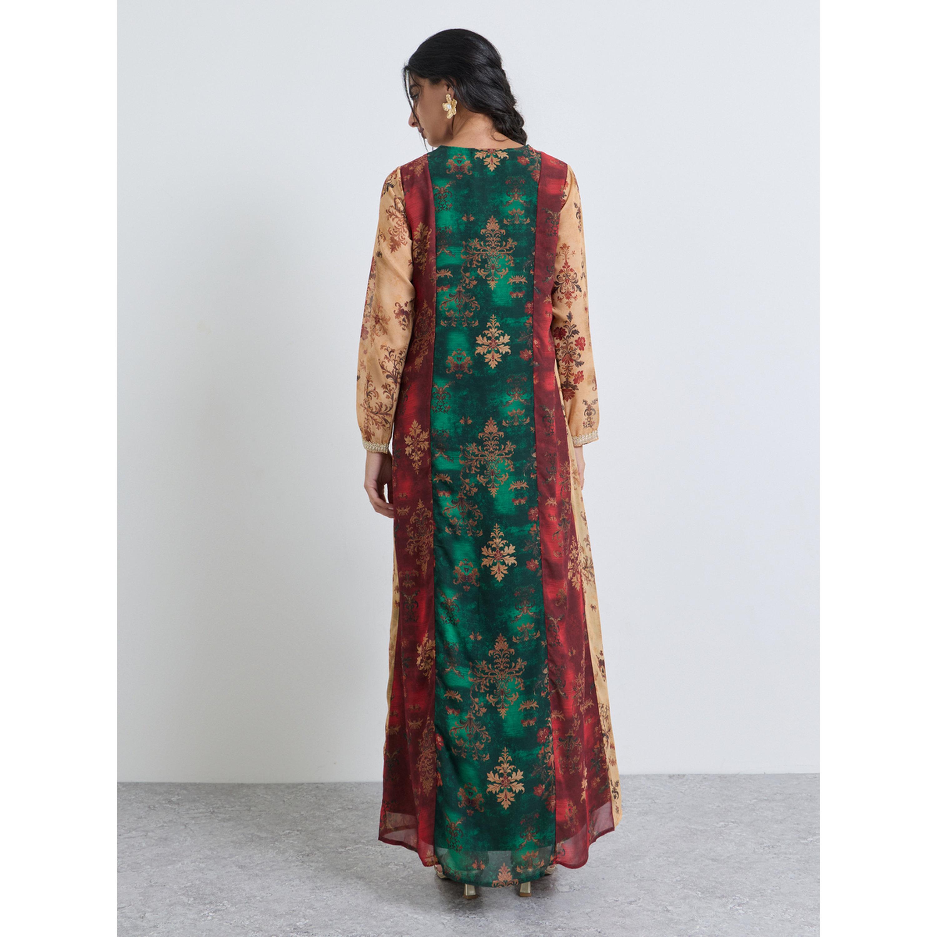 Amirah X Styli Color Block Printed Jalabiya with Lace Trim Detail-women-arabicclothing-jalabiyas-image-4