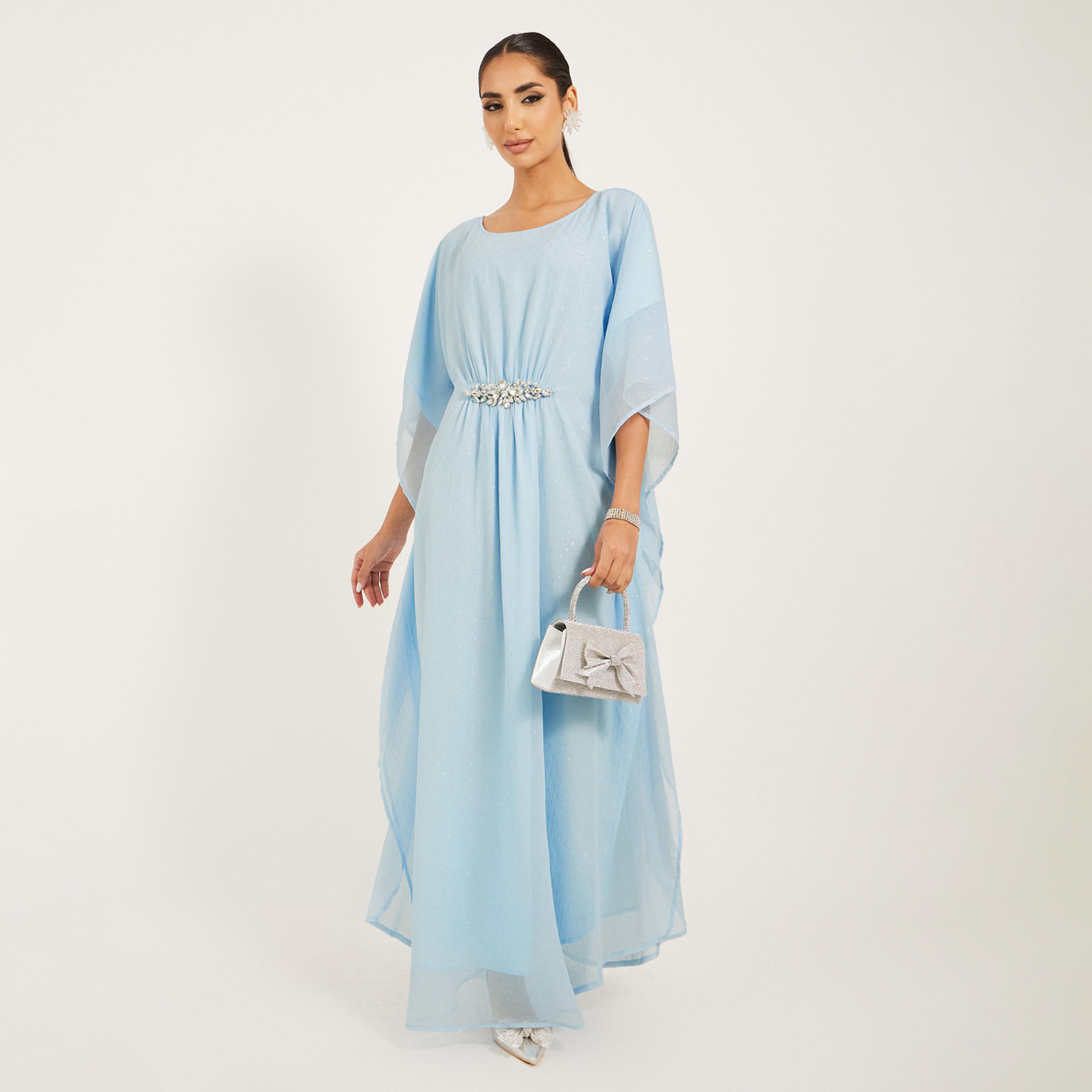 Styli Lurex Pattern Chiffon Kaftan With Embellished Lace Detail At Waist-women-arabicclothing-kaftan-image-1