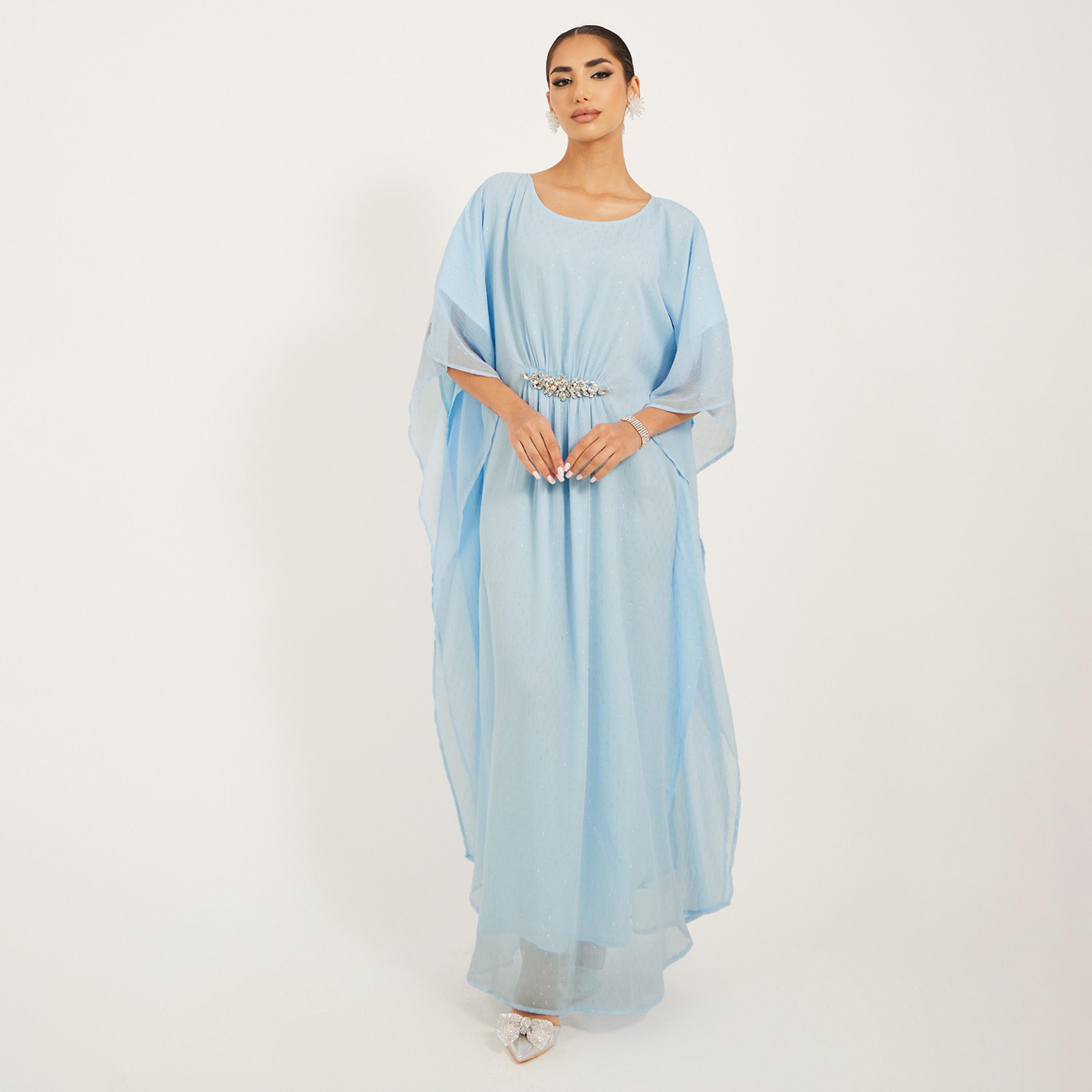 Styli Lurex Pattern Chiffon Kaftan With Embellished Lace Detail At Waist-women-arabicclothing-kaftan-image-2