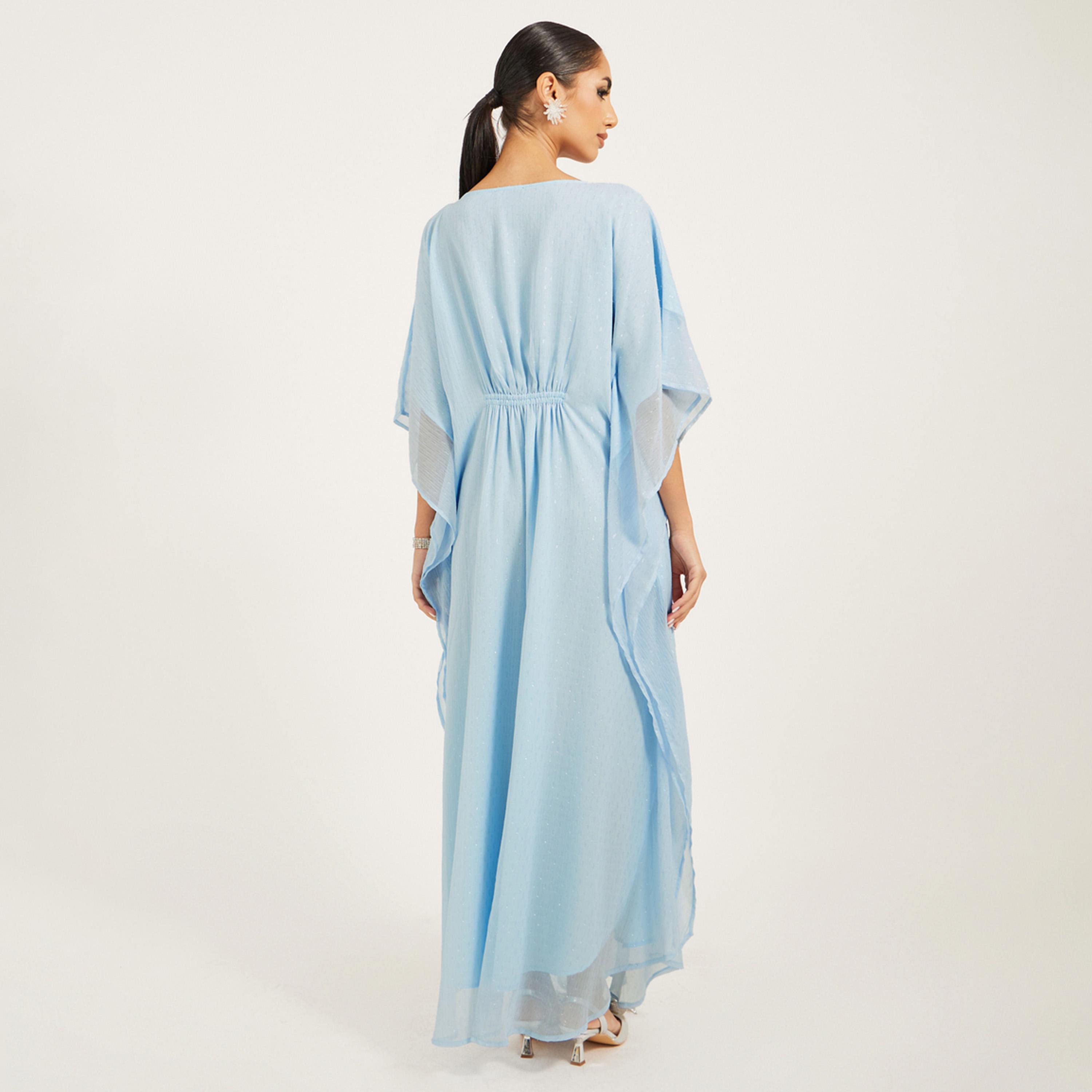 Styli Lurex Pattern Chiffon Kaftan With Embellished Lace Detail At Waist-women-arabicclothing-kaftan-image-5