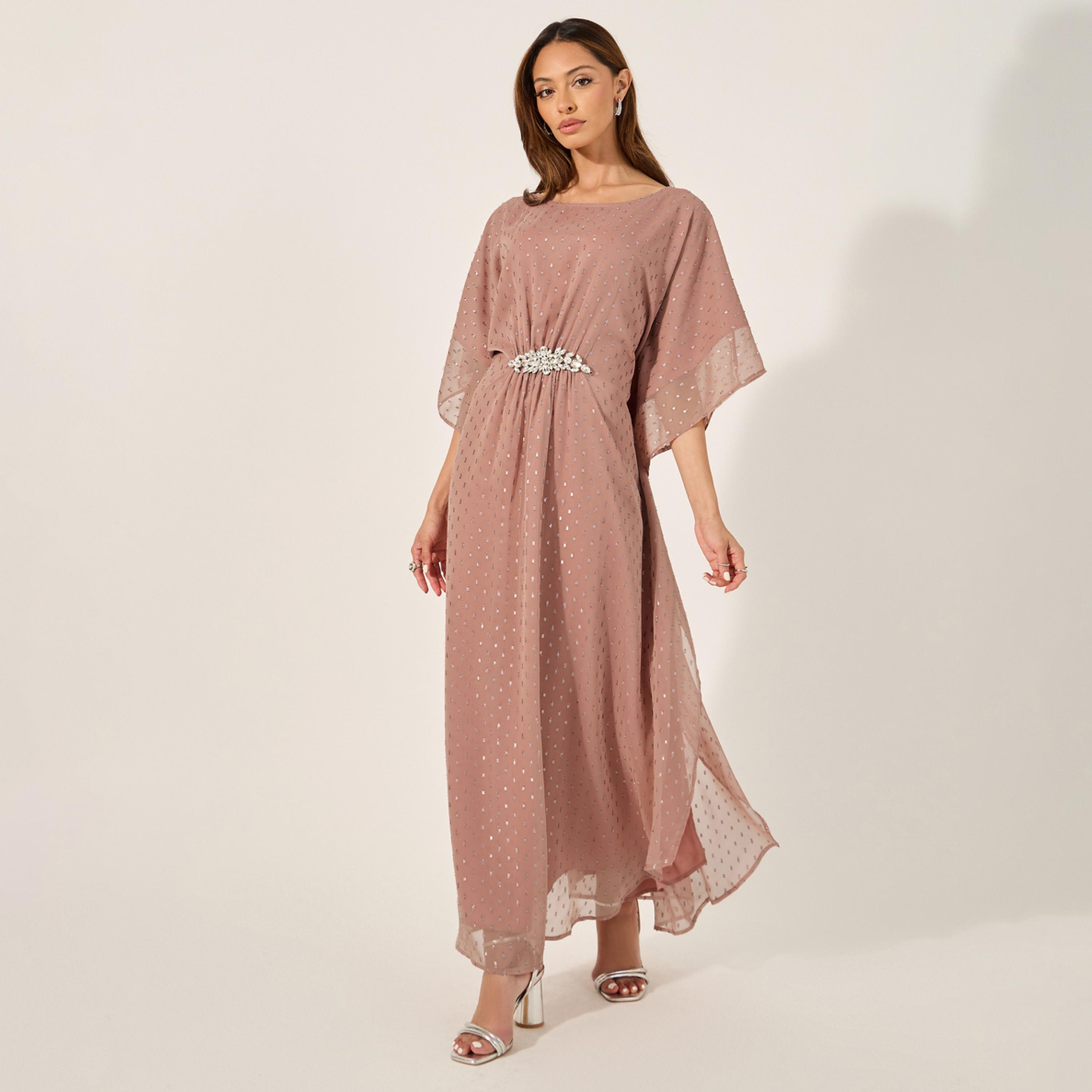 Amirah X Styli Embellished Waist Round Neck kaftan-women-arabicclothing-kaftan-image-1
