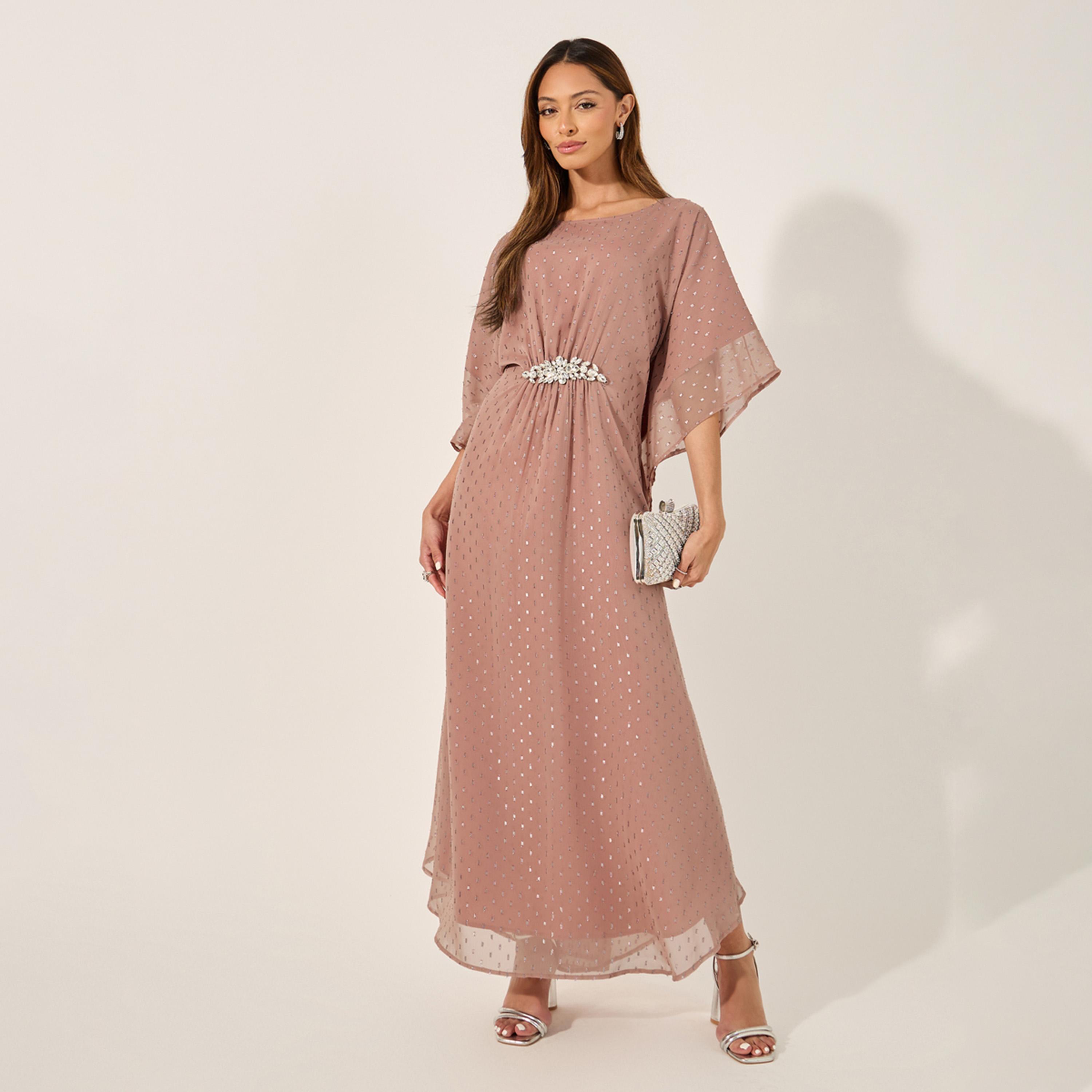 Amirah X Styli Embellished Waist Round Neck kaftan-women-arabicclothing-kaftan-image-2