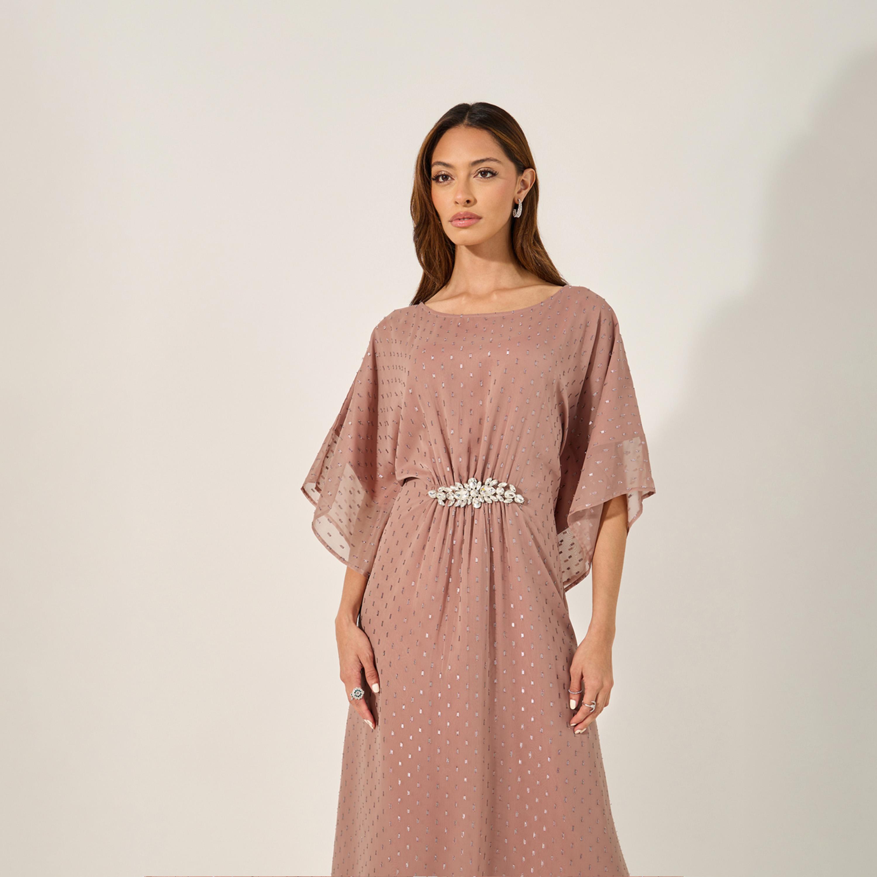 Amirah X Styli Embellished Waist Round Neck kaftan-women-arabicclothing-kaftan-image-3