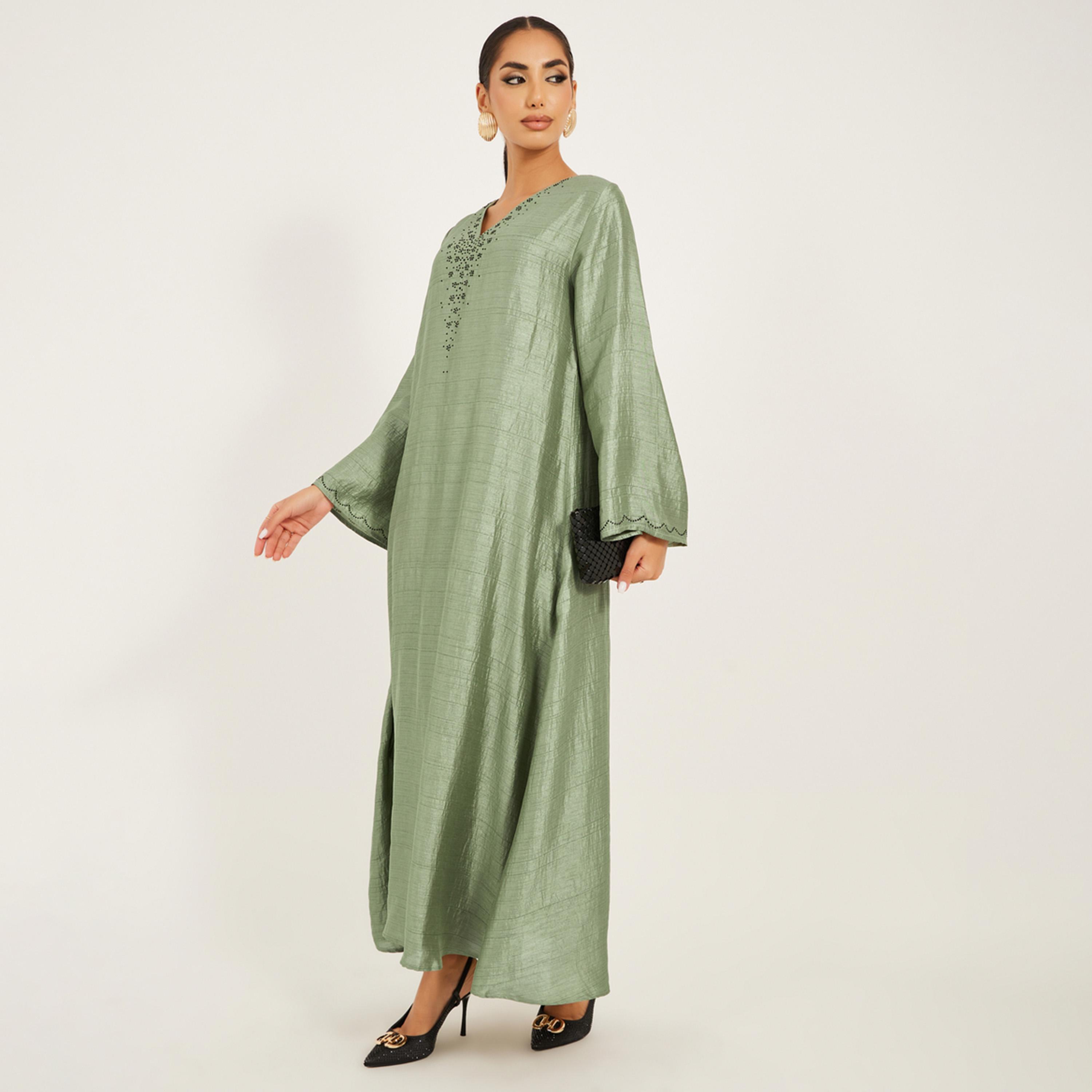 Amirah X Styli Embellished V-Neck A-Line Jalabiya-women-arabicclothing-jalabiyas-image-1