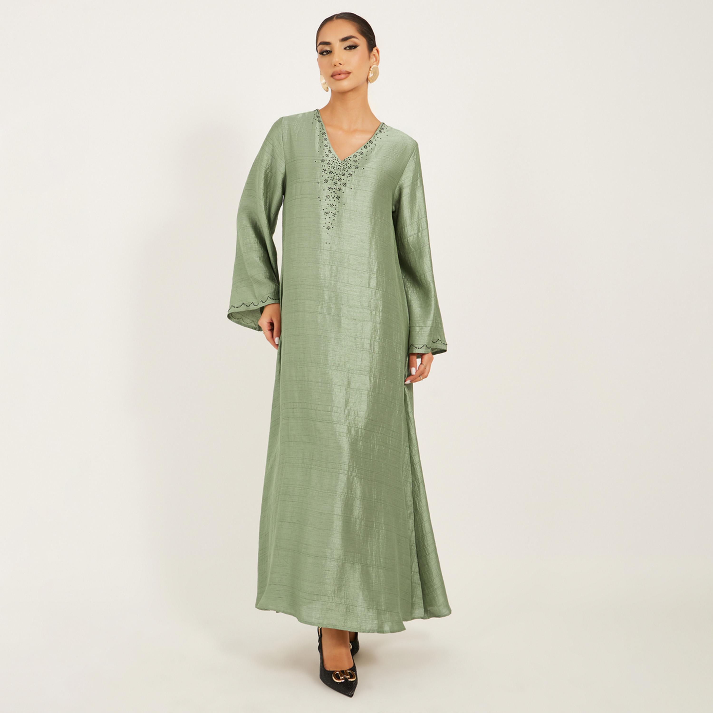 Amirah X Styli Embellished V-Neck A-Line Jalabiya-women-arabicclothing-jalabiyas-image-3