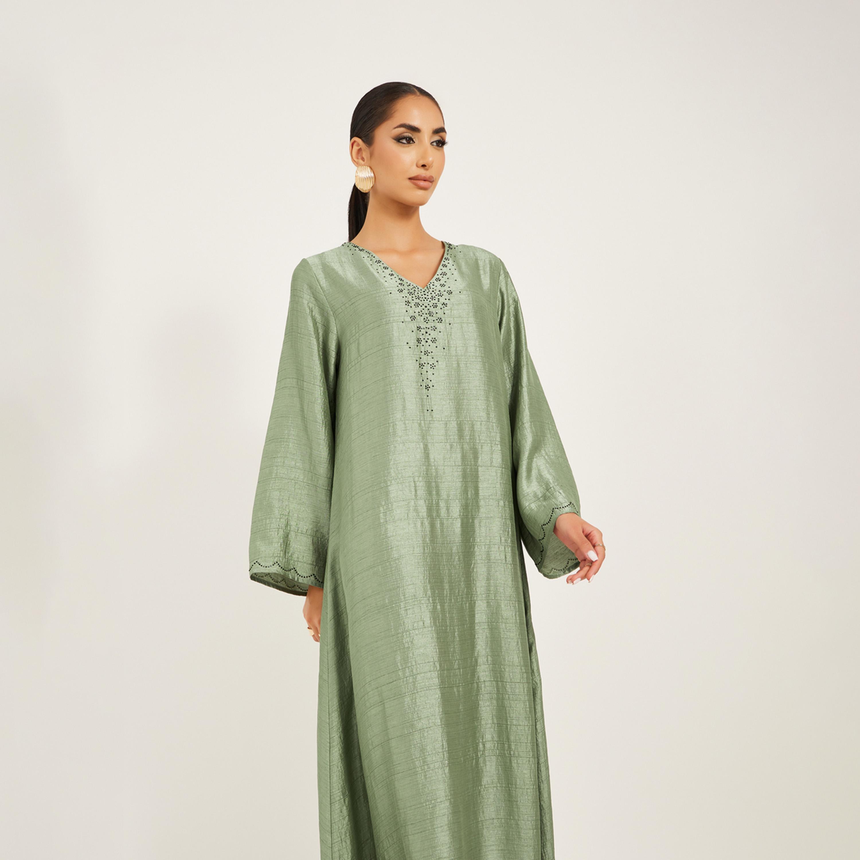 Amirah X Styli Embellished V-Neck A-Line Jalabiya-women-arabicclothing-jalabiyas-image-4
