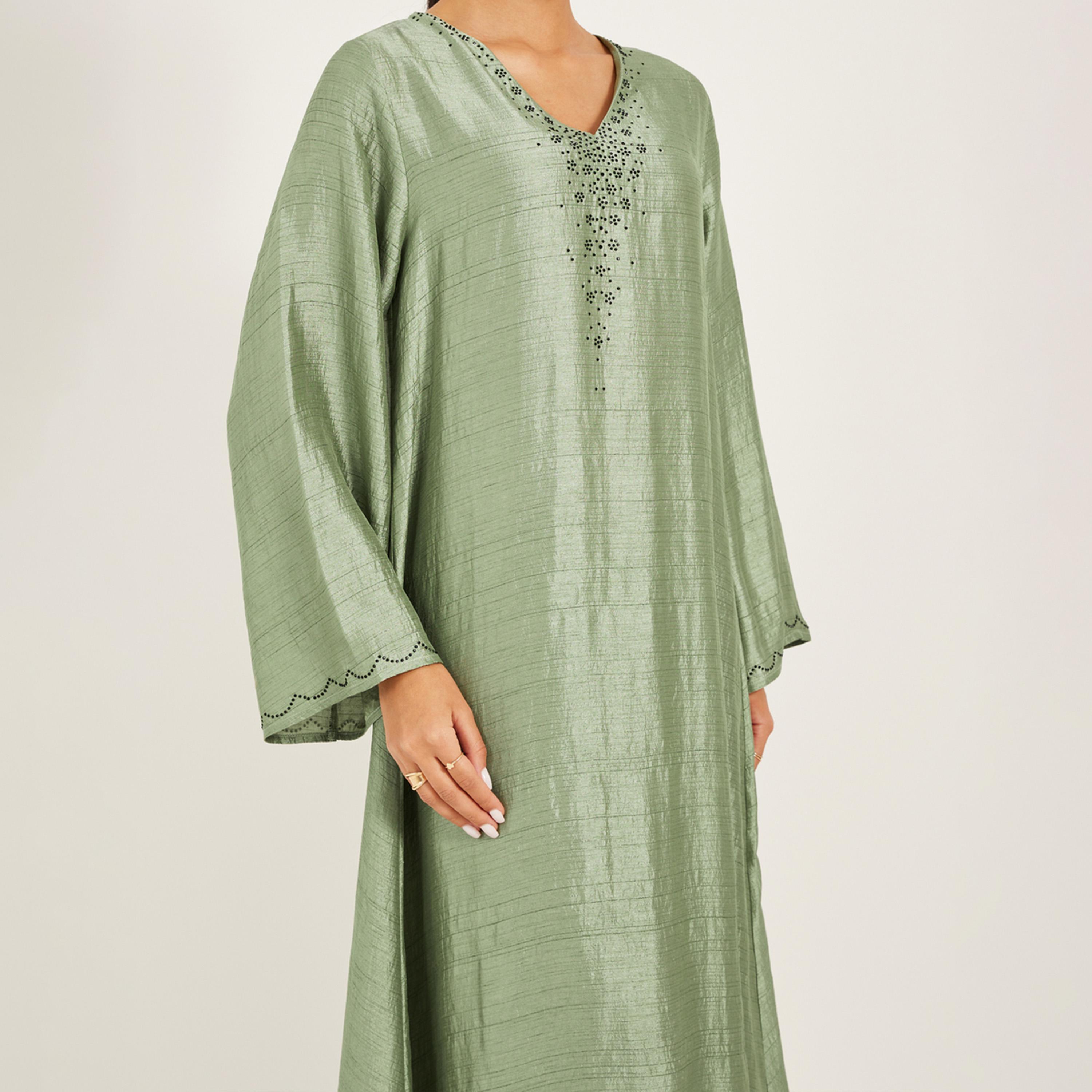 Amirah X Styli Embellished V-Neck A-Line Jalabiya-women-arabicclothing-jalabiyas-image-5