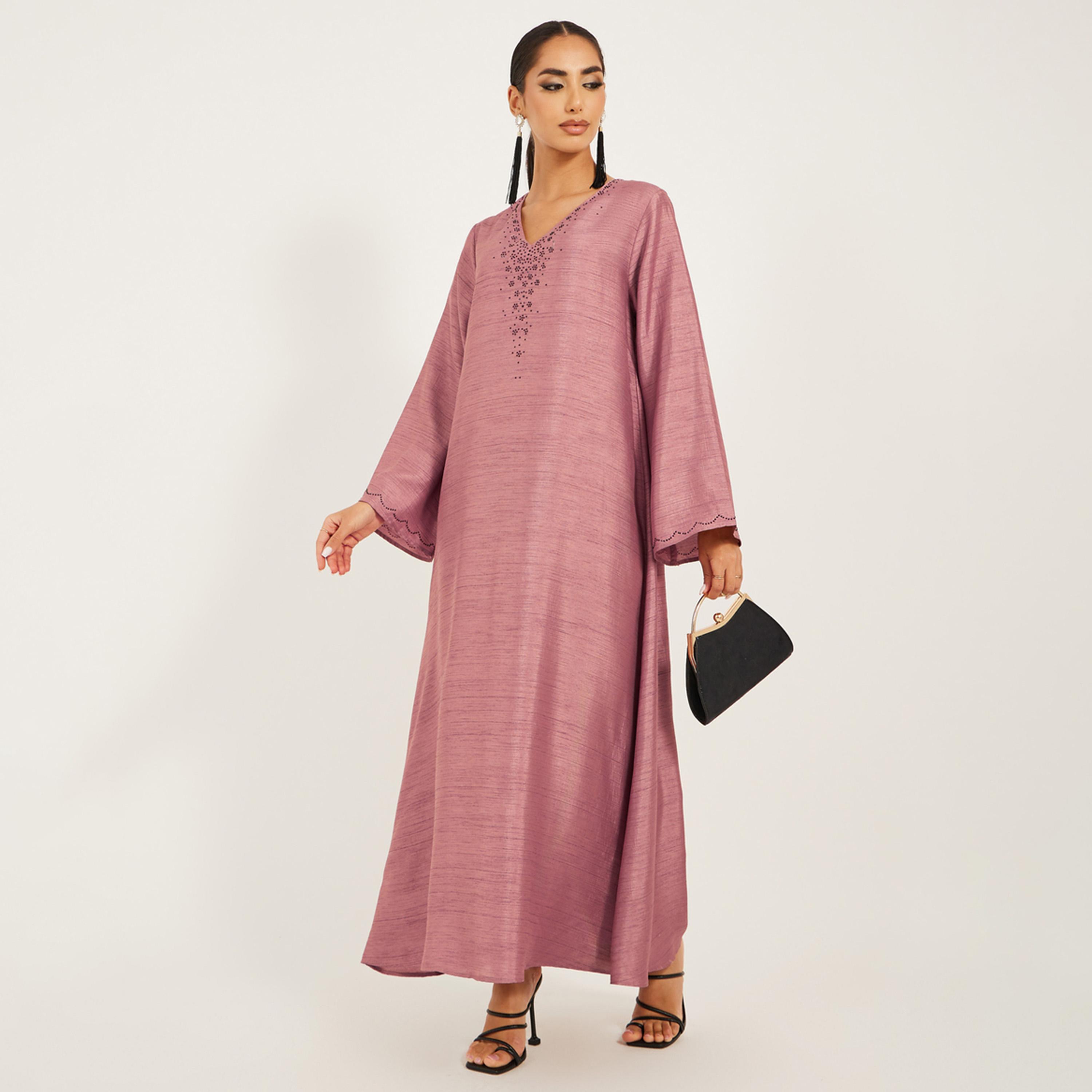 Amirah X Styli Embellished V-Neck A-Line Jalabiya-women-arabicclothing-jalabiyas-image-1