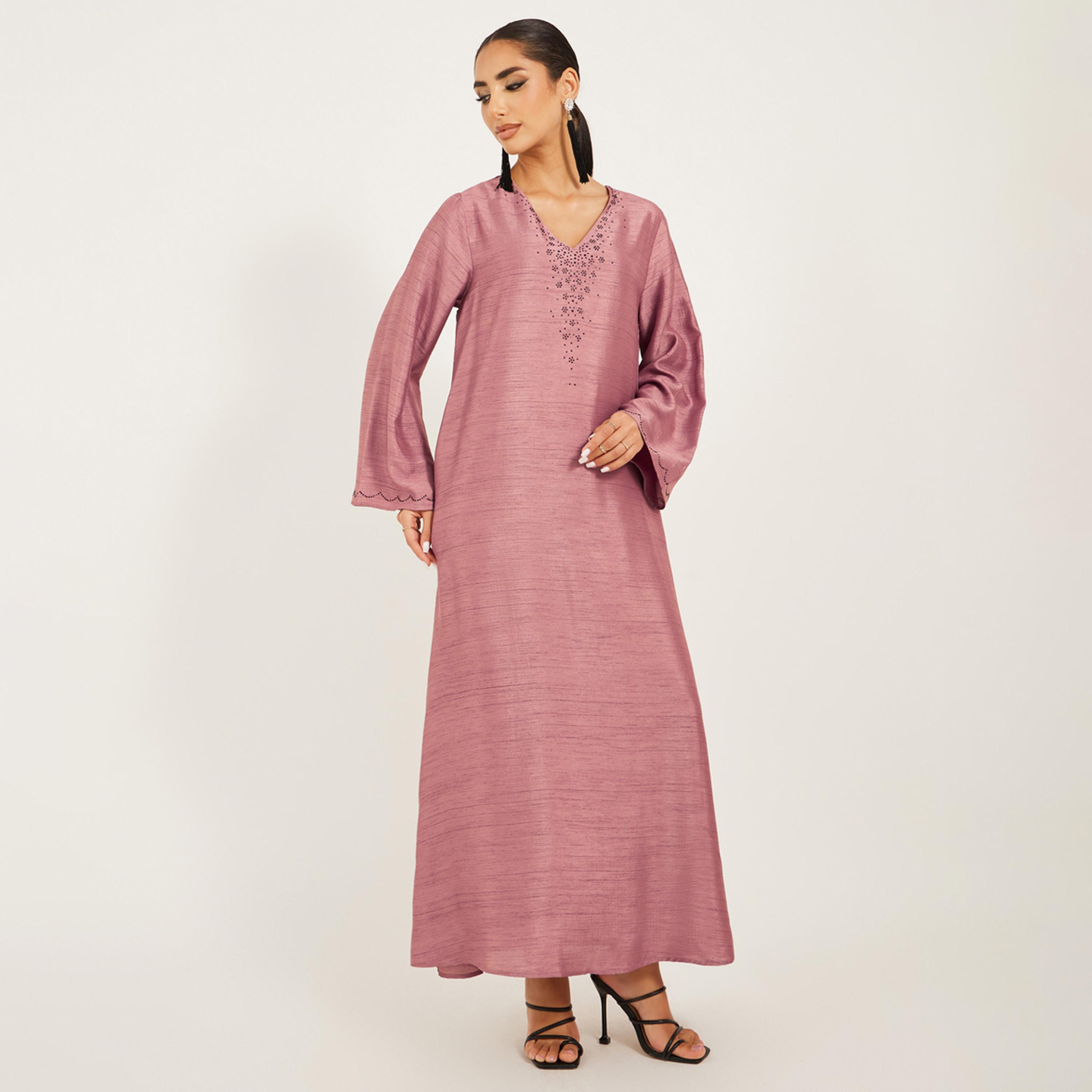 Amirah X Styli Embellished V-Neck A-Line Jalabiya-women-arabicclothing-jalabiyas-image-2