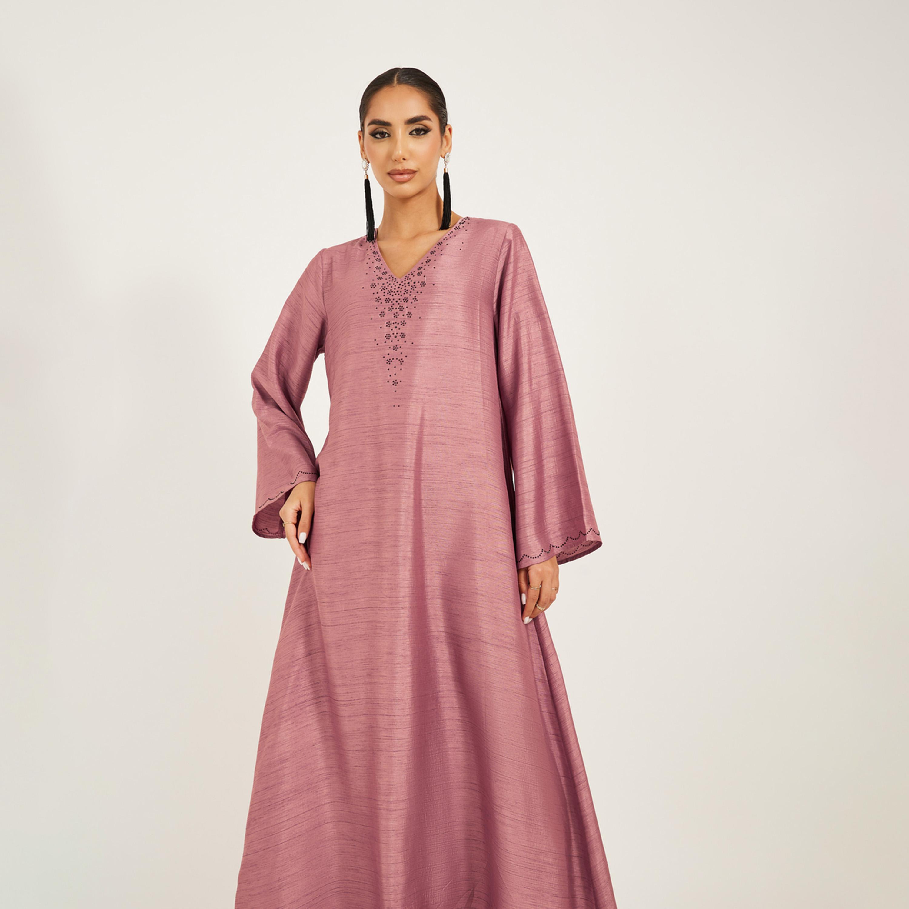 Amirah X Styli Embellished V-Neck A-Line Jalabiya-women-arabicclothing-jalabiyas-image-3