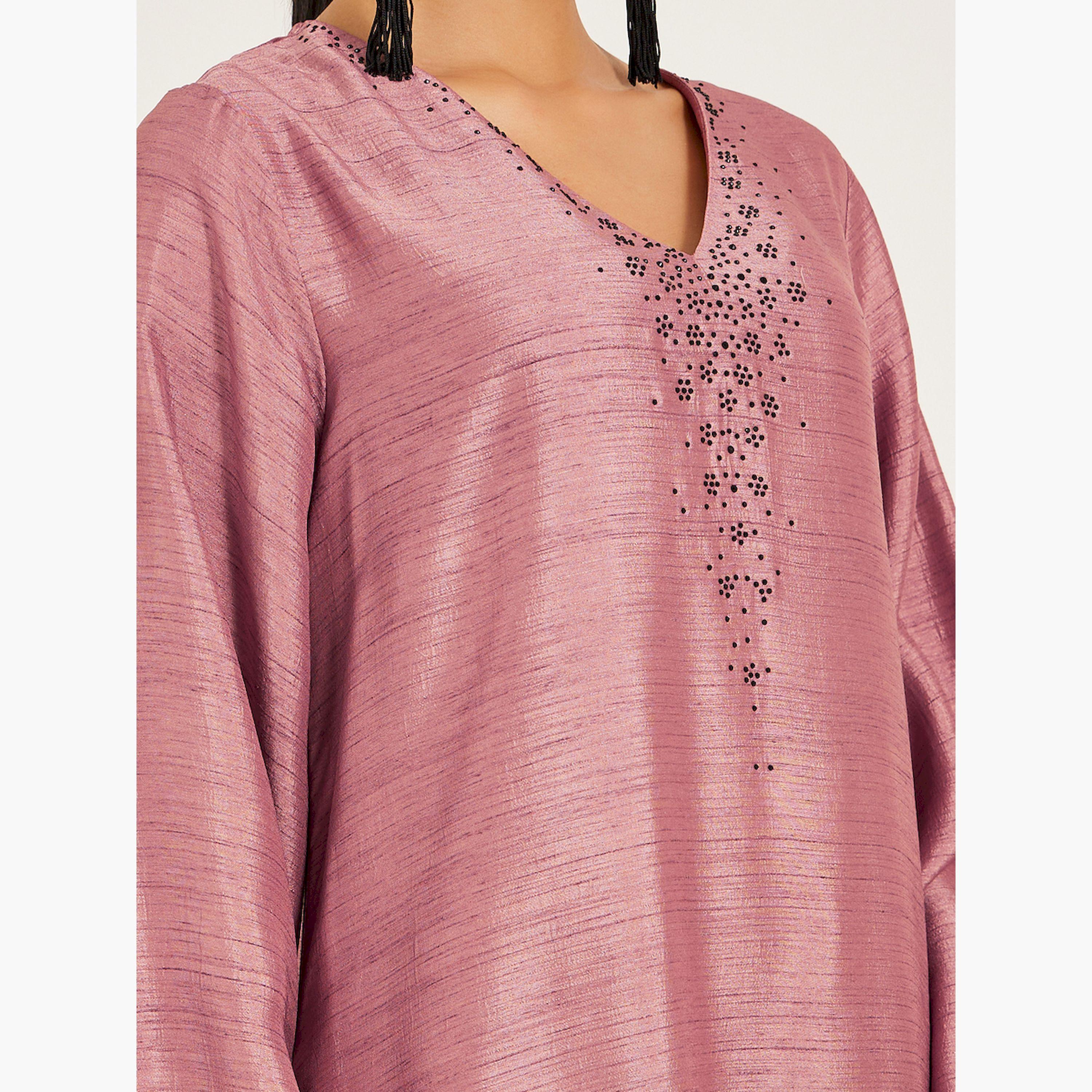 Amirah X Styli Embellished V-Neck A-Line Jalabiya-women-arabicclothing-jalabiyas-image-4
