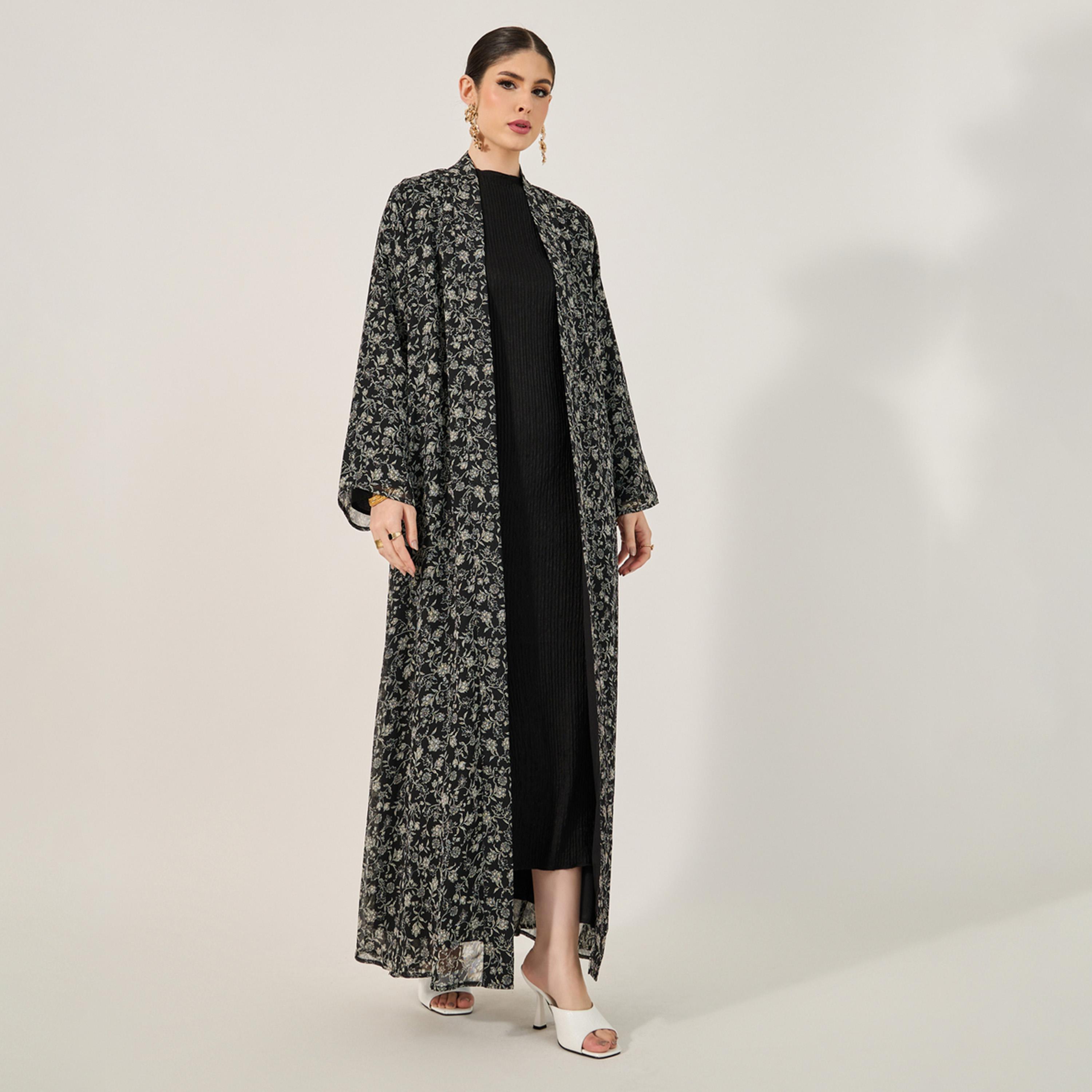 Styli Floral Printed Abaya With Full Lining On Body And On Sleeve And Matching Scarf-women-arabicclothing-abayas-image-1