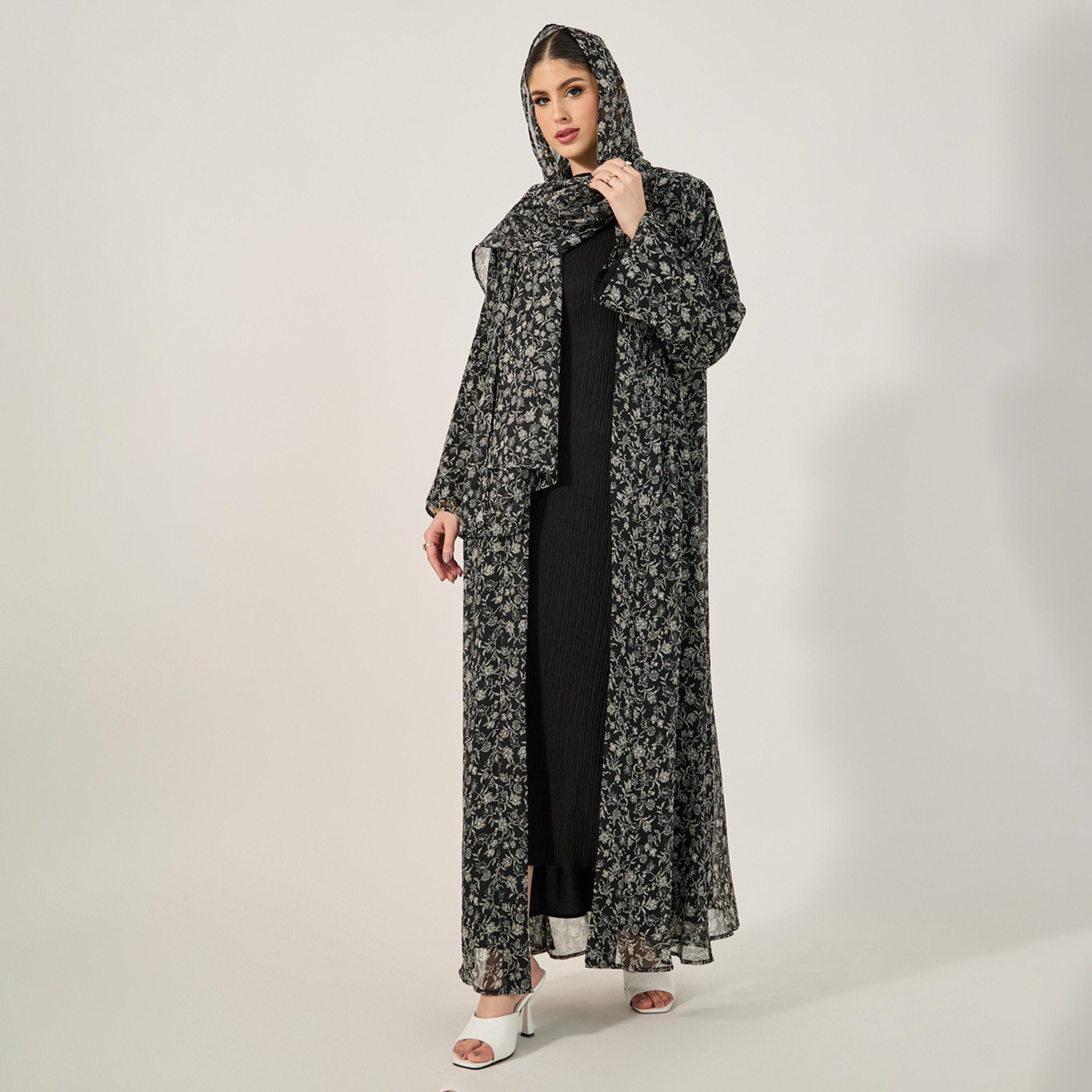 ستايلي - عباية مطبوعة بالورود مع بطانة كاملة على الجسم والأكمام وشال متناسق-women-arabicclothing-abayas-image-2