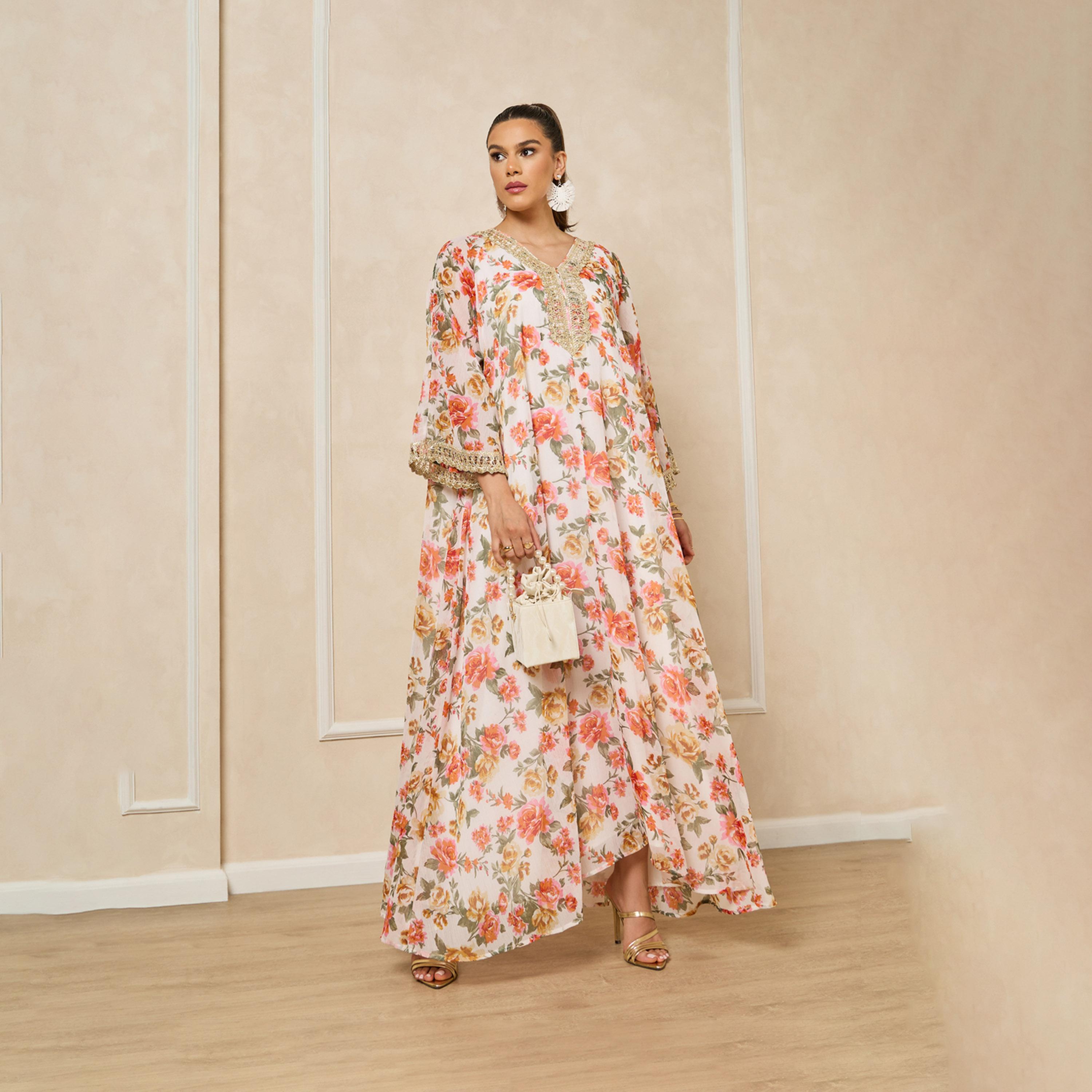 Styli Floral Print Lace Trim V-Neck Flared Jalabiya-women-arabicclothing-jalabiyas-image-2