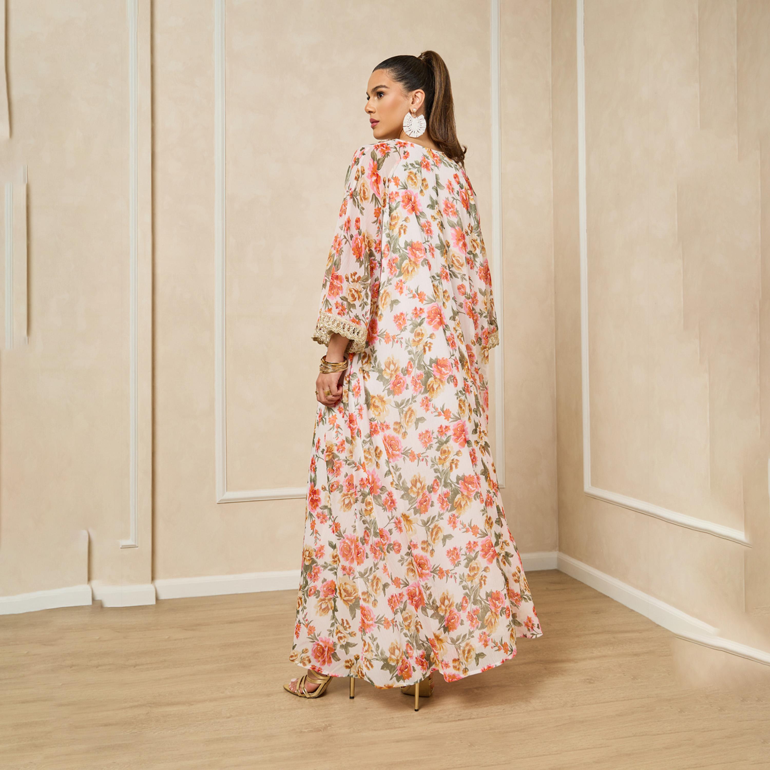 Styli Floral Print Lace Trim V-Neck Flared Jalabiya-women-arabicclothing-jalabiyas-image-5