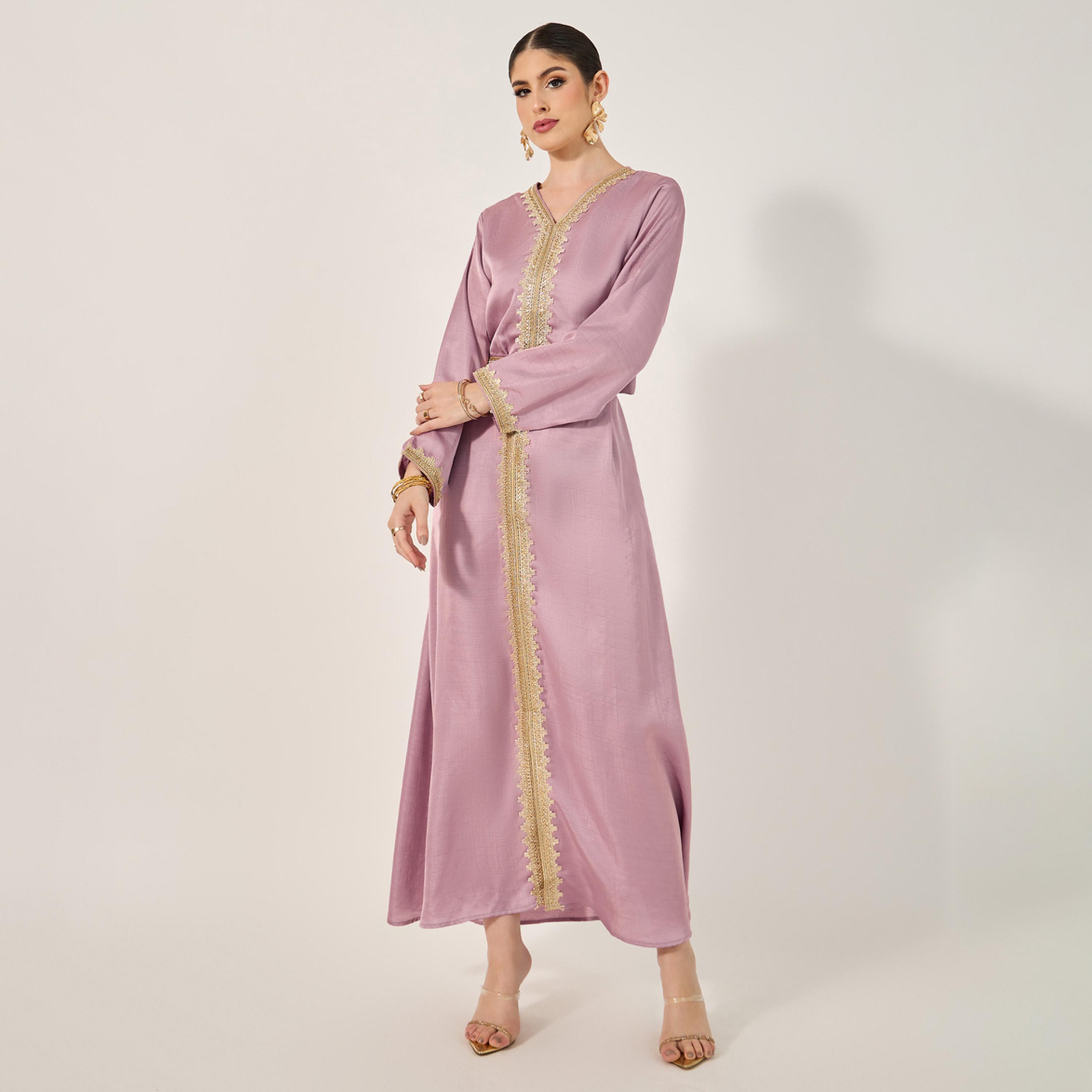 Styli Embroidered V-Neck Belted A-Line Kaftan-women-arabicclothing-kaftan-image-2