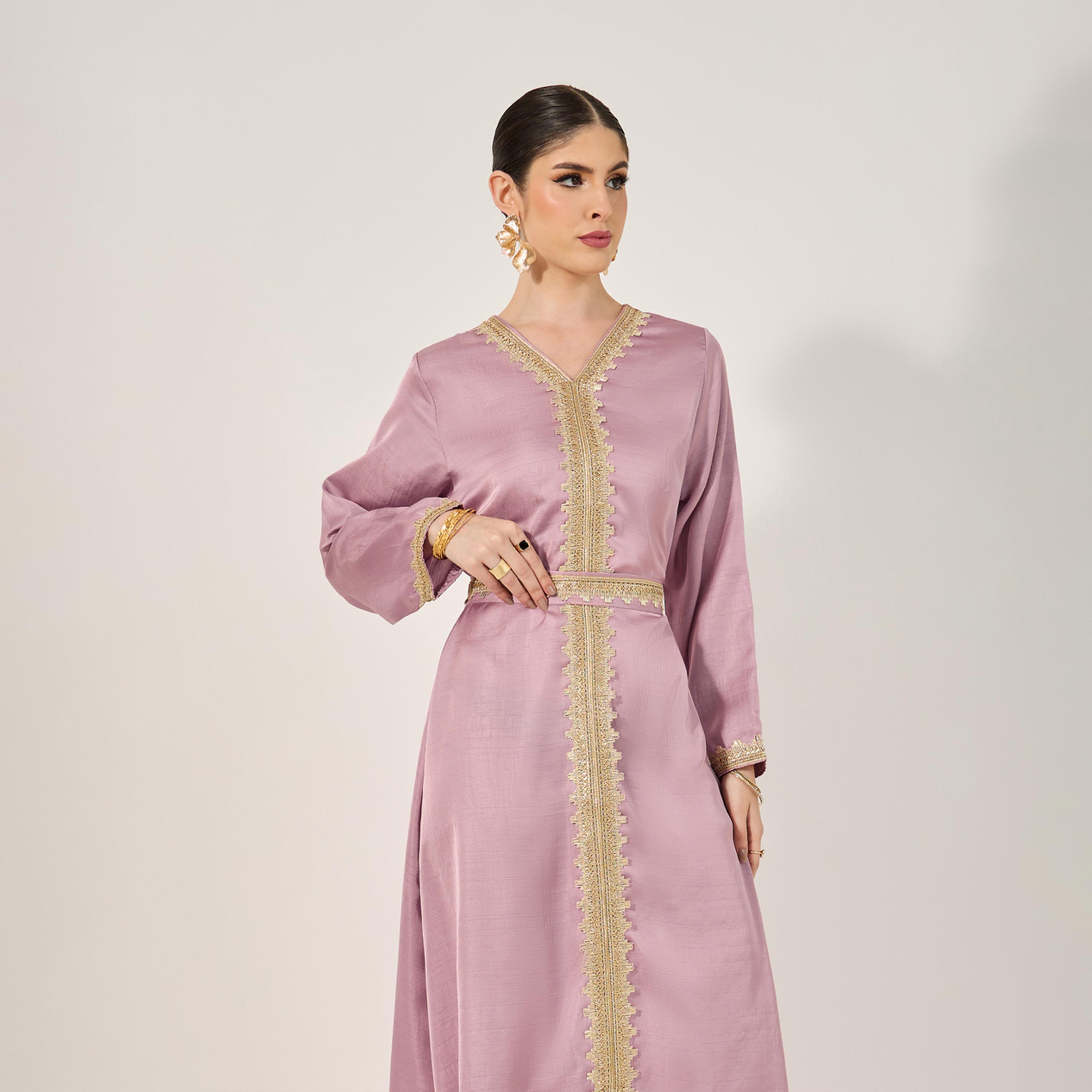 Styli Embroidered V-Neck Belted A-Line Kaftan-women-arabicclothing-kaftan-image-3