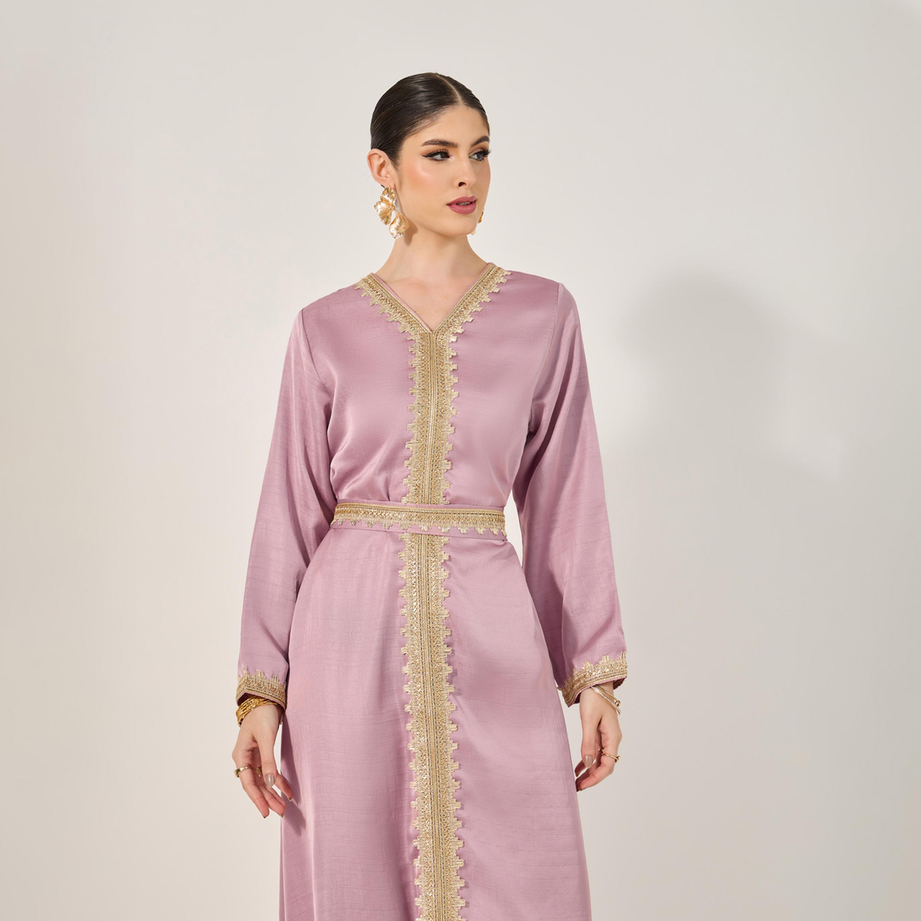 Styli Embroidered V-Neck Belted A-Line Kaftan-women-arabicclothing-kaftan-image-4