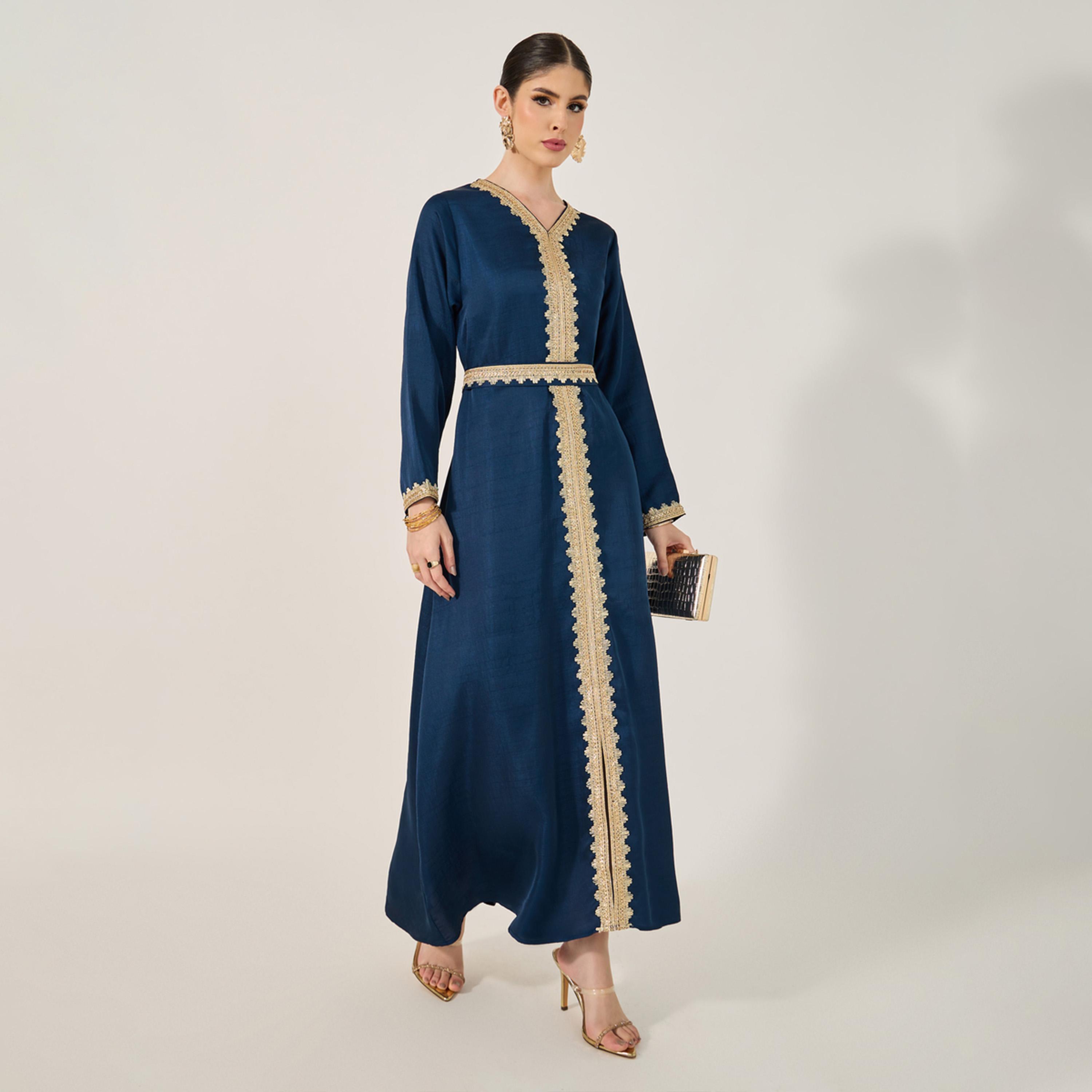 Styli Lace Detail V-Neck A-Line Belted Kaftan-women-arabicclothing-kaftan-image-1