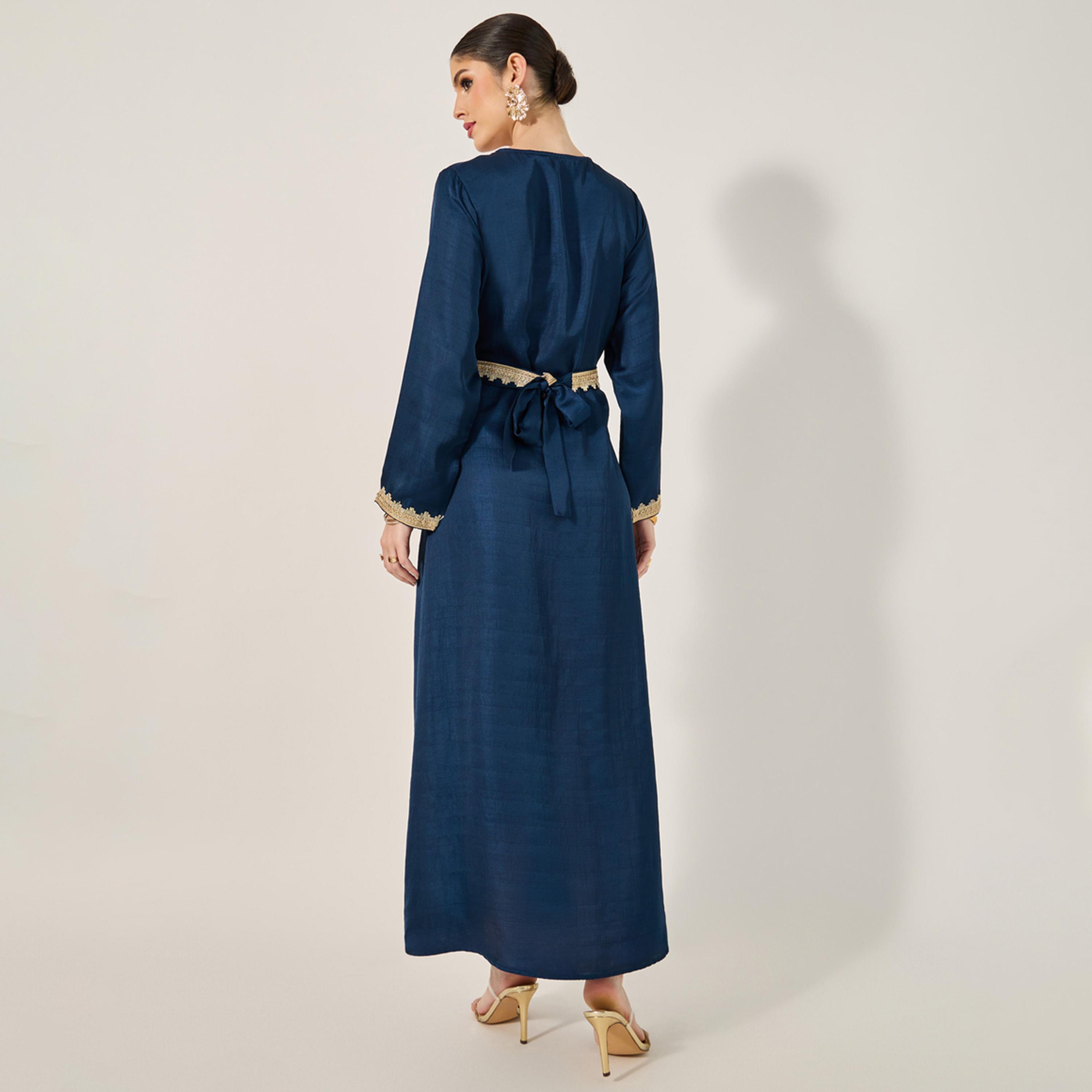 Styli Lace Detail V-Neck A-Line Belted Kaftan-women-arabicclothing-kaftan-image-5